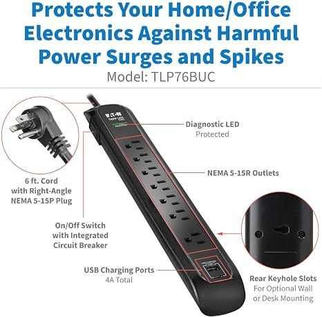 TLP76BUC Surge Protector Power Strip 7 Outlets USB Ports 1500J 6 Ft Flat Plug