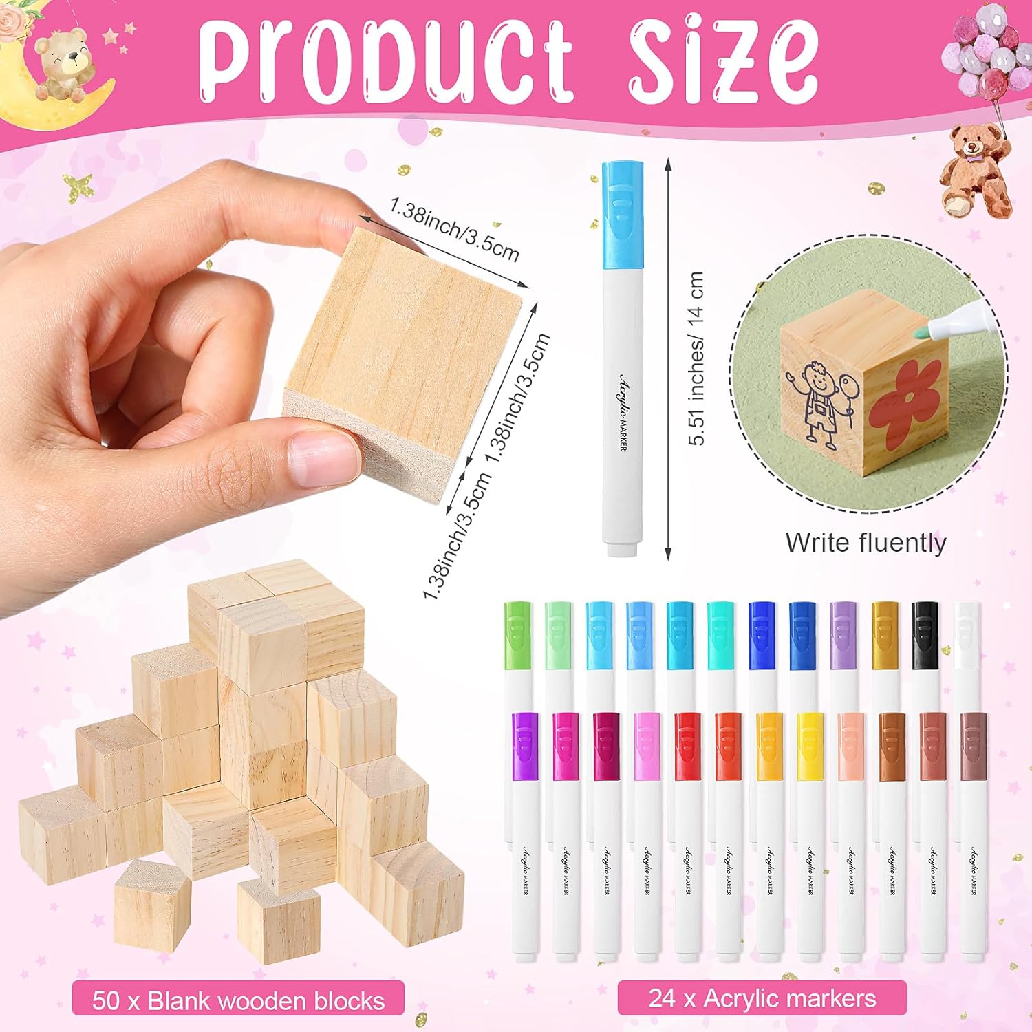 75 Pcs Baby Shower Games Sign Kit Including Decorate A Block Game Sign 50 Diy Blank Wooden Block 24 Acrylic Paint Marker Baby Shower Prize For Winners Gender Reveal, Bear, Pink