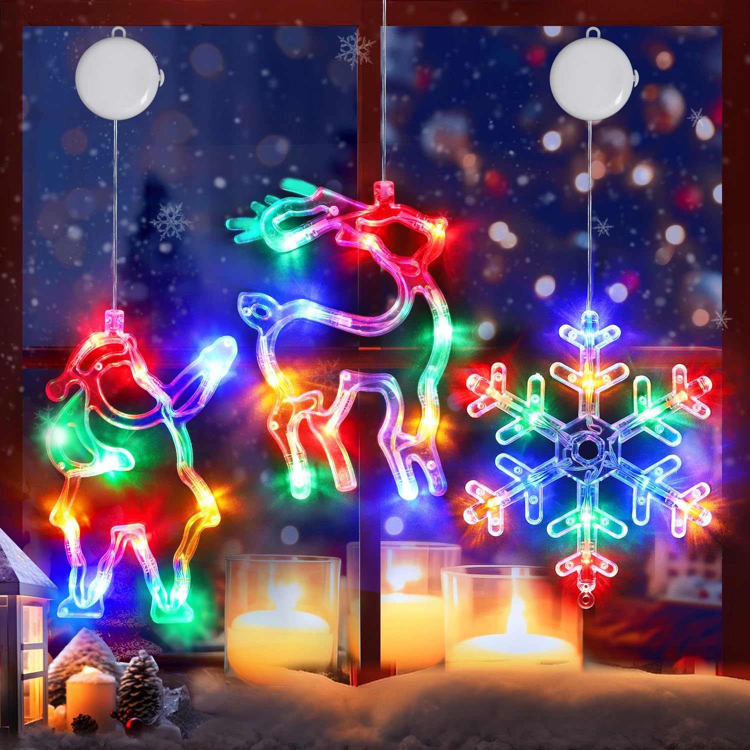 3Pcs Christmas Window Lights, Battery Powered Christmas Window Hanging Decorations Reindeer & Christmas Tree & Snowflake
