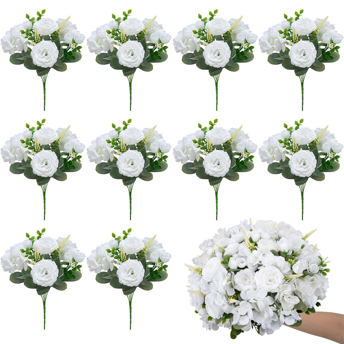 10 Bundles Artificial Peonies, White Hydrangea Artificial Flowers Silk Flowers For Indoor Home Decor Bedroom Kitchen Office Wedding Table Centerpieces