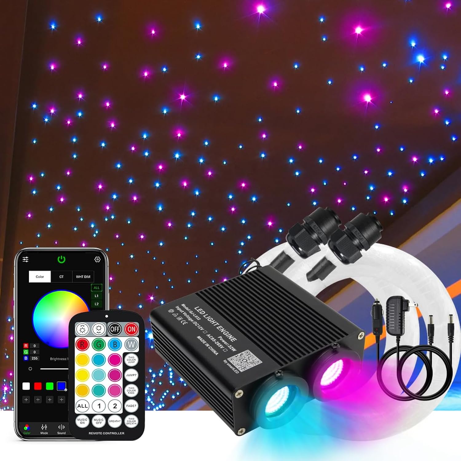 2 Light Color 32W Dual-Head Rgbw Music Activated Fiber Optic Lights, 670Pcs Of Mixed Optical Fibers In 13.1Ft+ Small App Control Fiber Optic Star Ceiling Light Kit For Car Headliner Star/Home