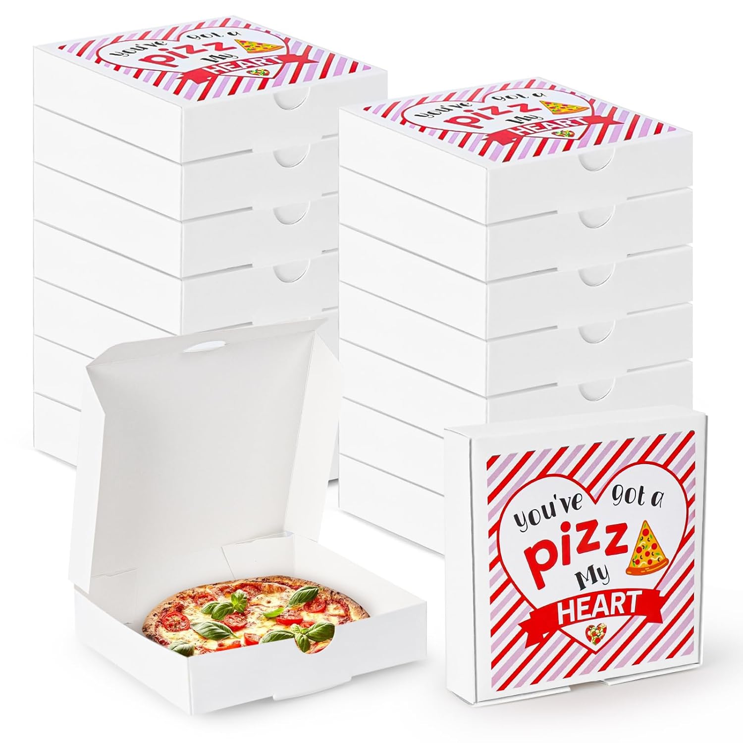 50 Pcs Valentines Day Mini Pizza Boxes Bulk 3.5 * 3.5 * 0.8 Inch White Pizza Boxes With Stickers For Christmas Party Favors Diy