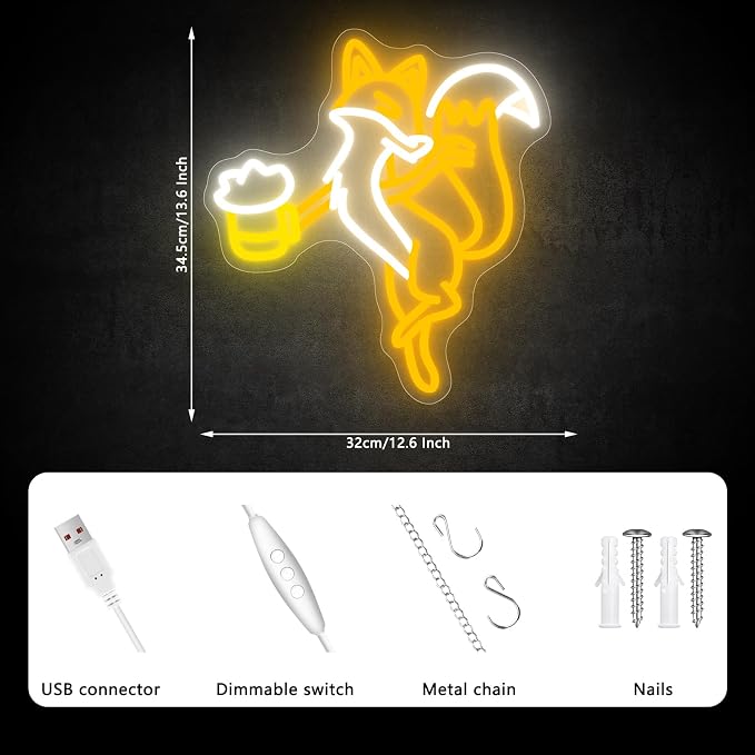 Fox Beer Neon Sign Dimmable LED Animal Wall Light for Home Bar Man Cave Party Decor