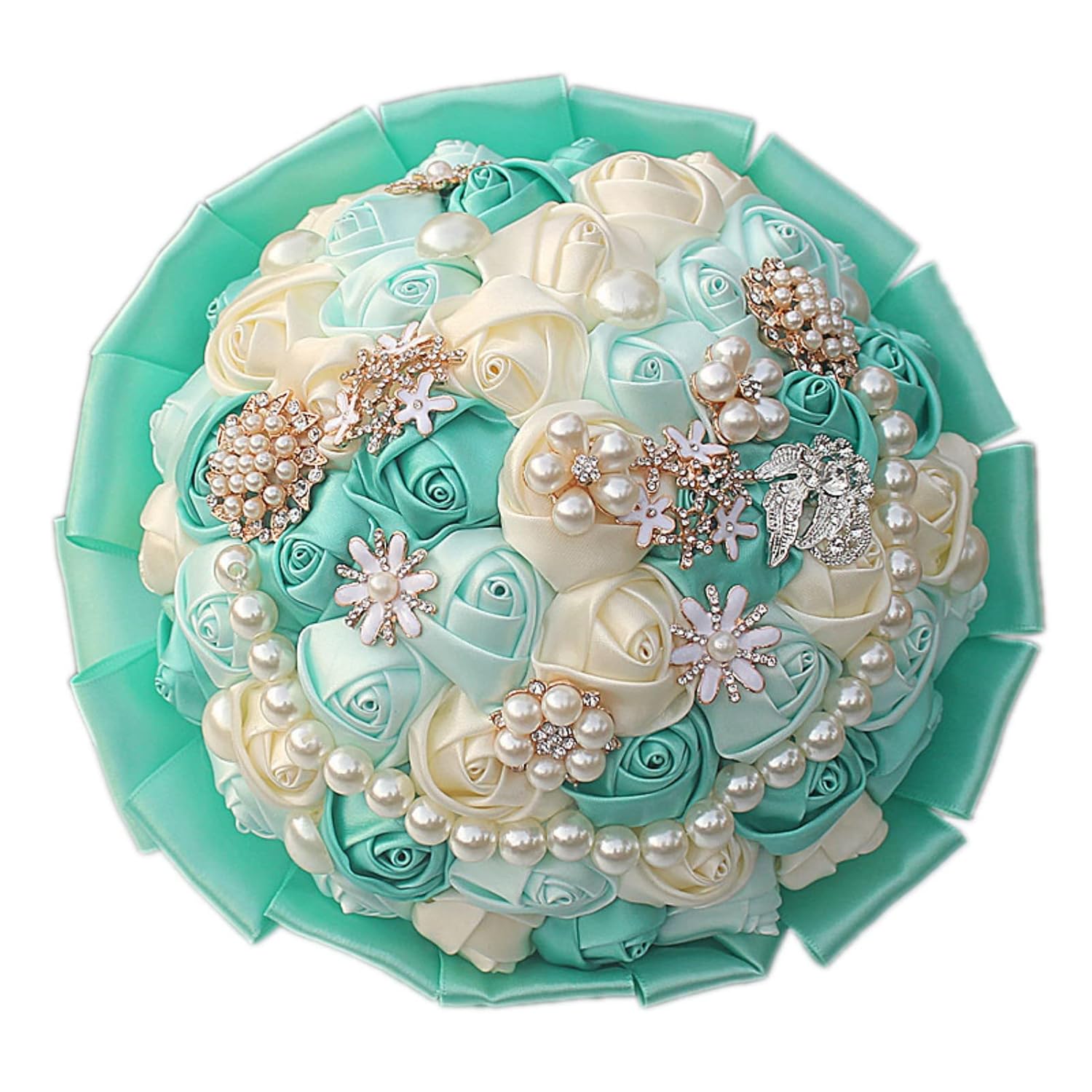 Bridal Wedding Bouquet With Rhinestone Brooch Pearl Bouquet For Bride Bridesmaid Satin Rose Artificial Flower Bouquet Wedding Quinceanera Mint Green And Ivory 8.3In