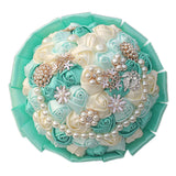 Bridal Wedding Bouquet With Rhinestone Brooch Pearl Bouquet For Bride Bridesmaid Satin Rose Artificial Flower Bouquet Wedding Quinceanera Mint Green And Ivory 8.3In