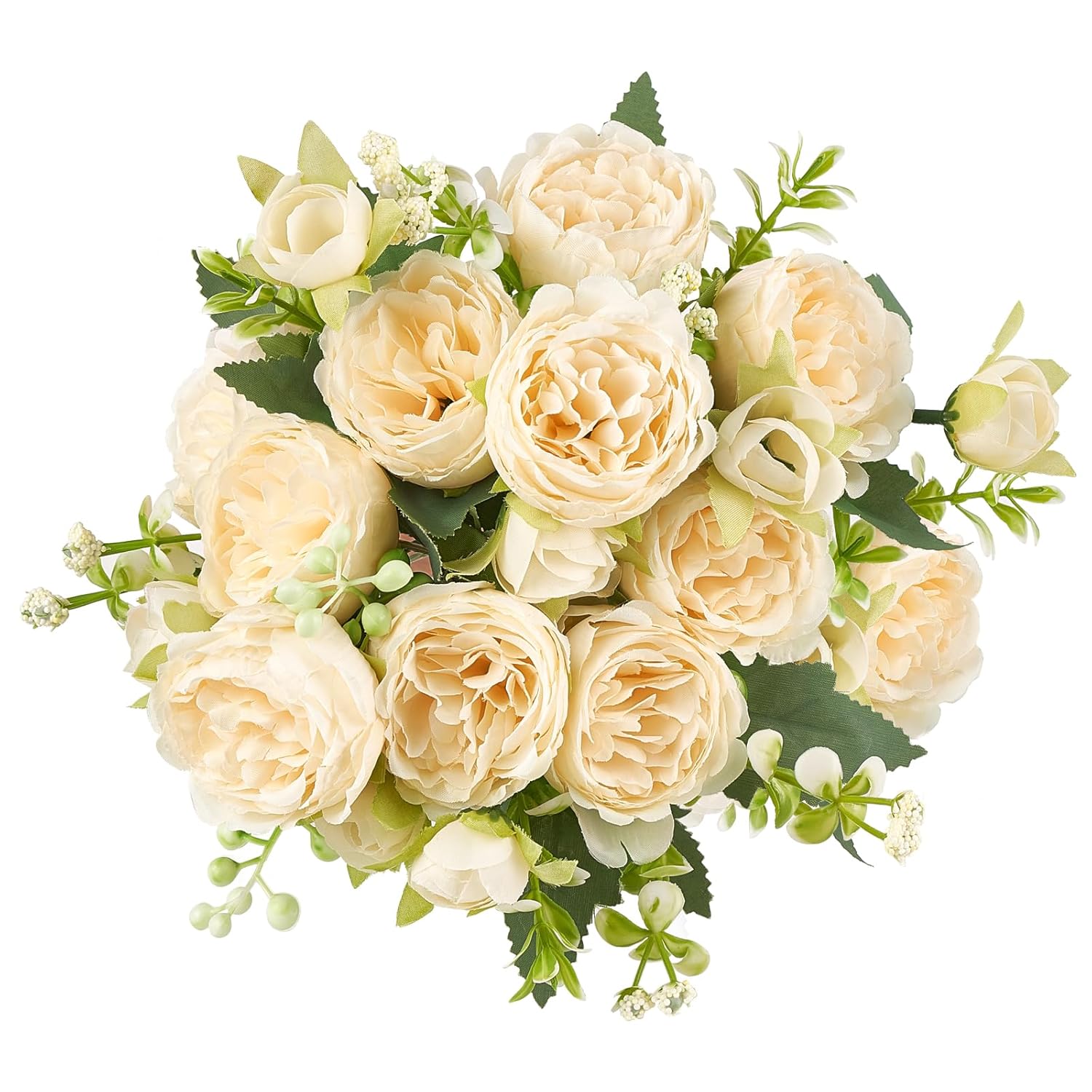 Peonies Artificial Flowers, Small Silk Flowers For Home Decor Indoor Fake Bouquet Faux Floral Arrangements Dining Table Centerpieces For Kitchen Party Decor Champagne