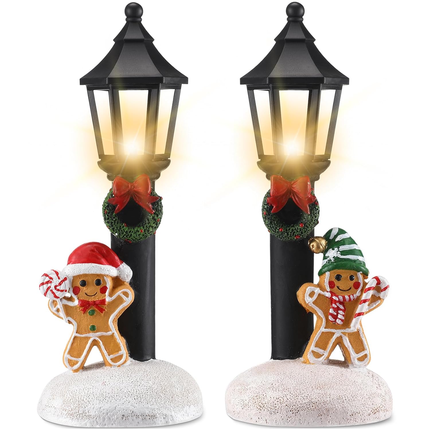 2 Pcs Christmas Lighted Table Decor 10" Resin Figurine Table Centerpiece With Light Up Streetlights Battery Operated Xmas Mini Street Statue Glow For Home Fireplace Shelf(Black Streetlight)