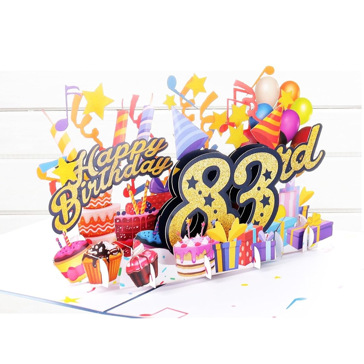 3D Pop Up Happy 83Rd Birthday Card – Blue Design With Glitter Numbers, Balloons, Cakes & Gifts – Unique Bday Card For Dad, Mom, Husband, Wife, Man Or Woman – 5" X 7"