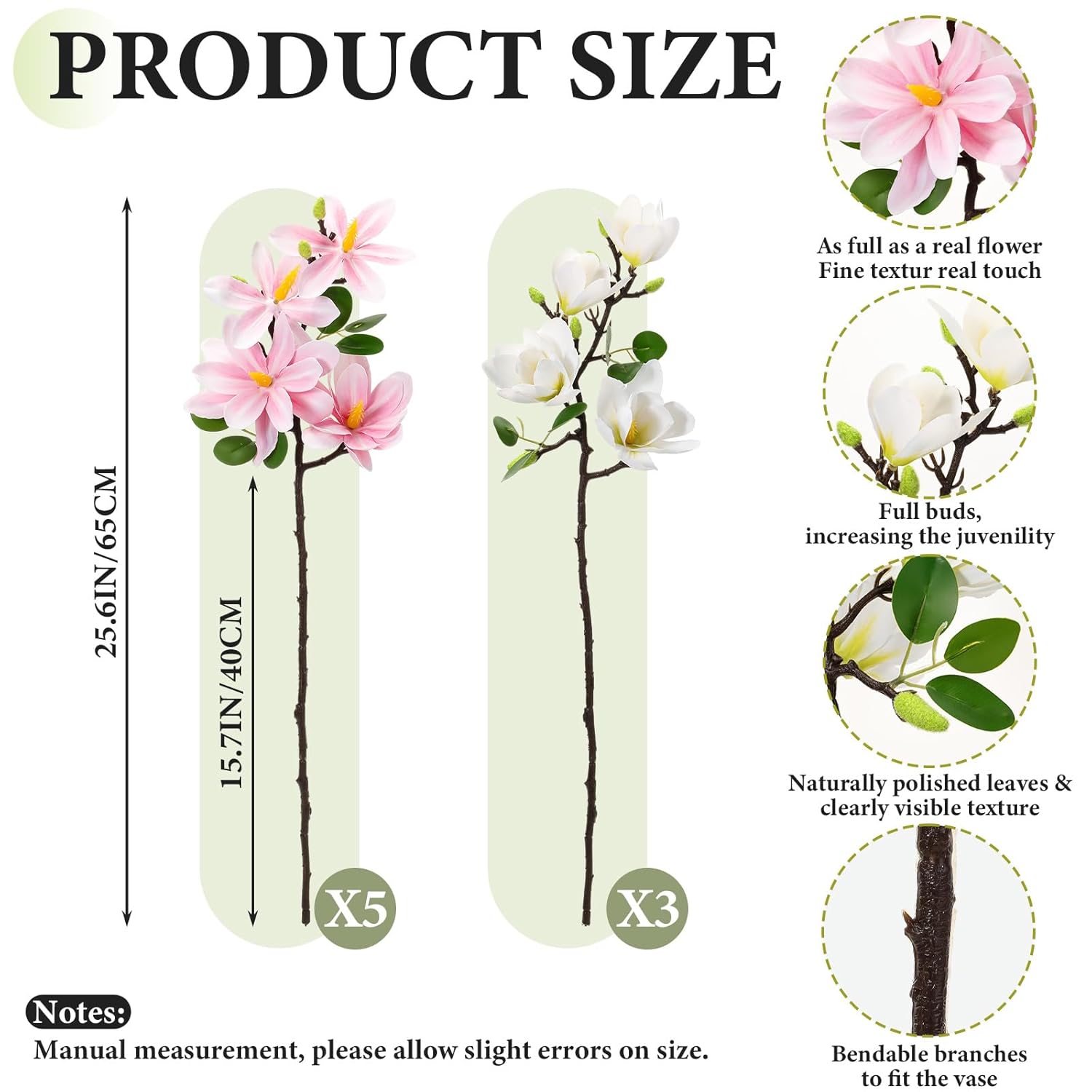 8 Pcs Artificial Magnolia Flowers Stem For Spring Decoration Faux Fake Flora Stems Beautiful Magnolia Office Hotel Home Decor Accent Pieces(Pink, White)