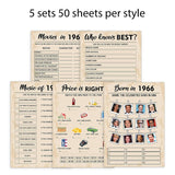 60Th Birthday Party Games, Set Of 5 Activities For 10 Guests, Born In 1966 Games Bundle, Birthday Party Supplies For Adults, Pack Of 50 Cards