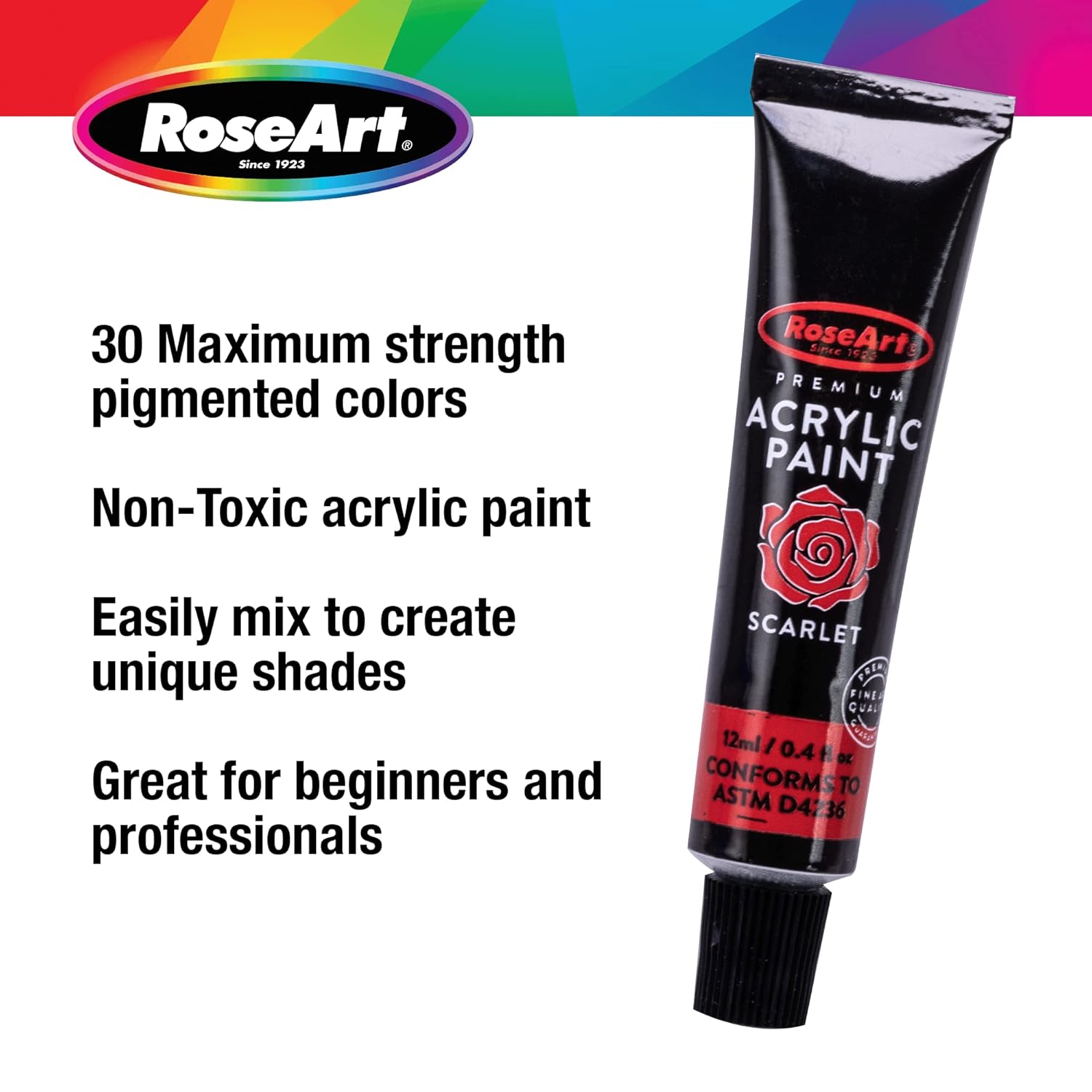 Rose Art Premium 30ct Acrylic Paints Set, Professional Painting Set Complete with 30 Acrylic Paint Colors and Bonus 2 Paint Brushes and Paint Palette