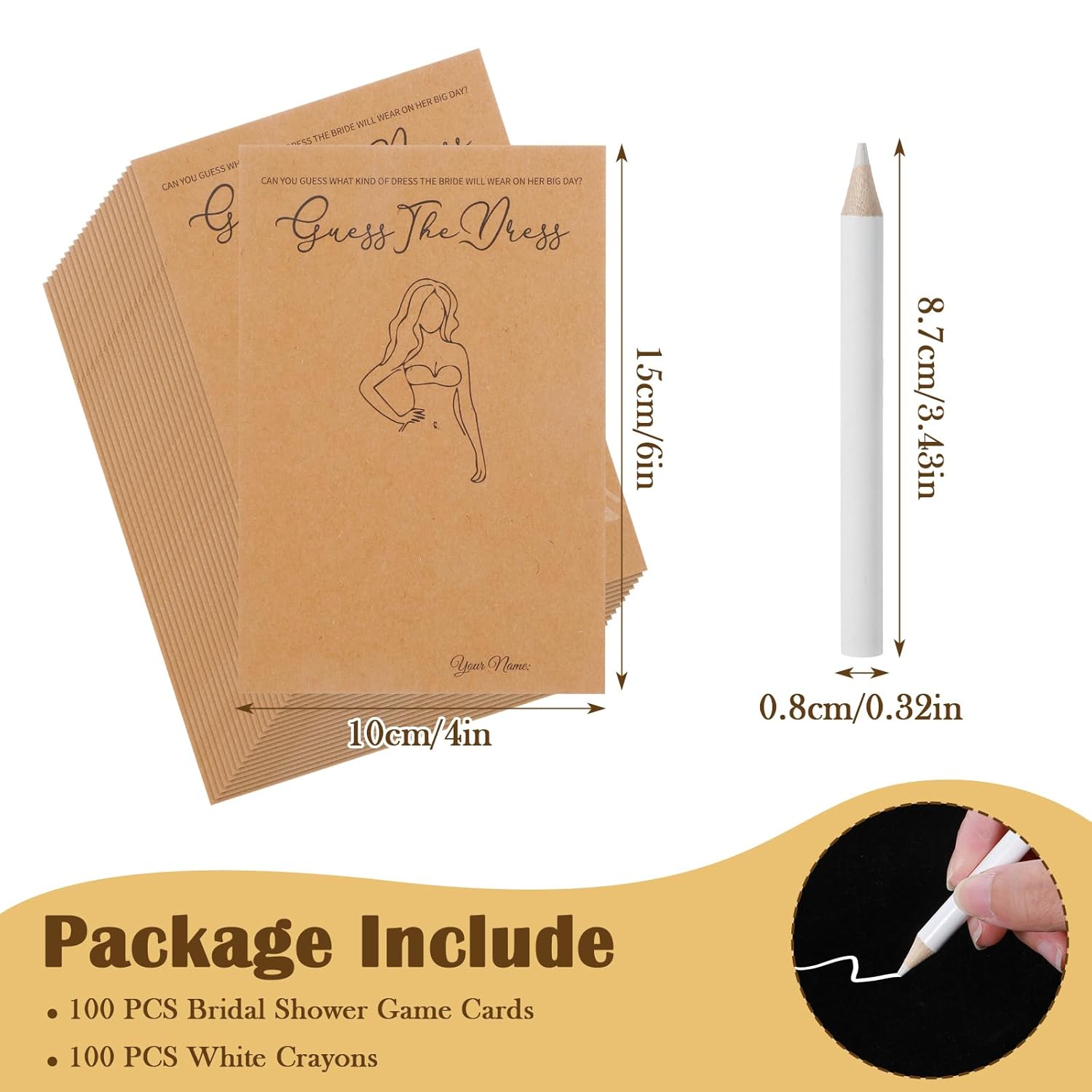 200 Pcs Guess The Dress Bridal Shower Cards For Guests, Include 100-Pcs 5 X 7 Inch Wedding Shower Cards And 100-Pcs White Crayons Fun Wedding Favors Decorations(Brown)