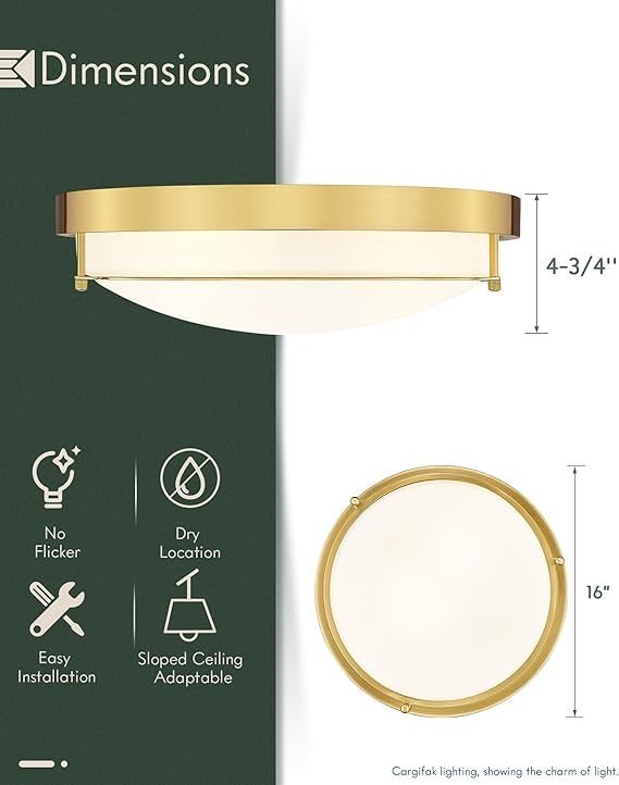 16 Inch Modern Flush Mount Ceiling Light 3-Light Polished Gold Fixture