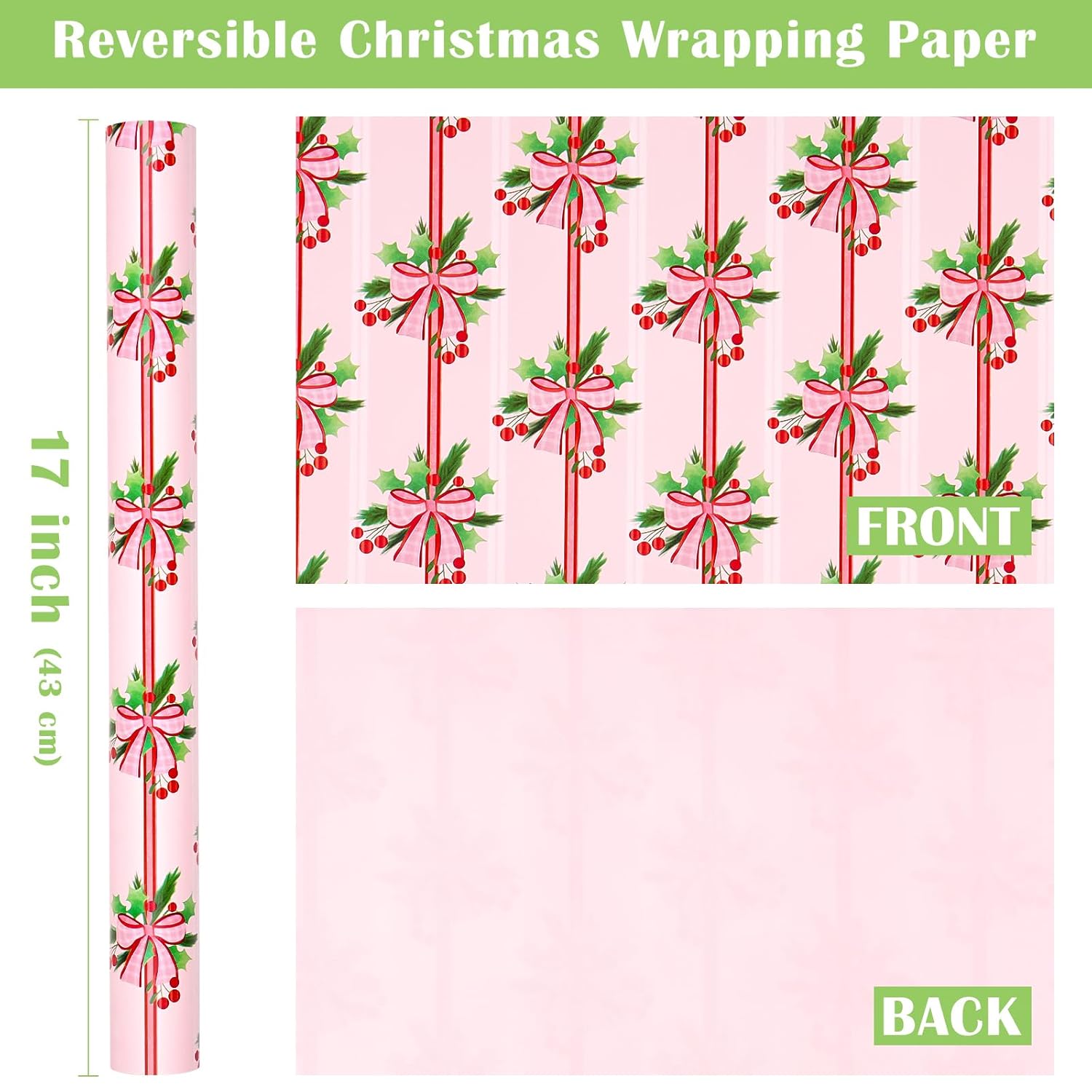 Reversible Christmas Wrapping Paper - Mini Roll - 17 Inch X 33 Feet - Holly And Red Bow Wrapping Paper With Solid Pink Design For Xmas Holiday, Party Celebration
