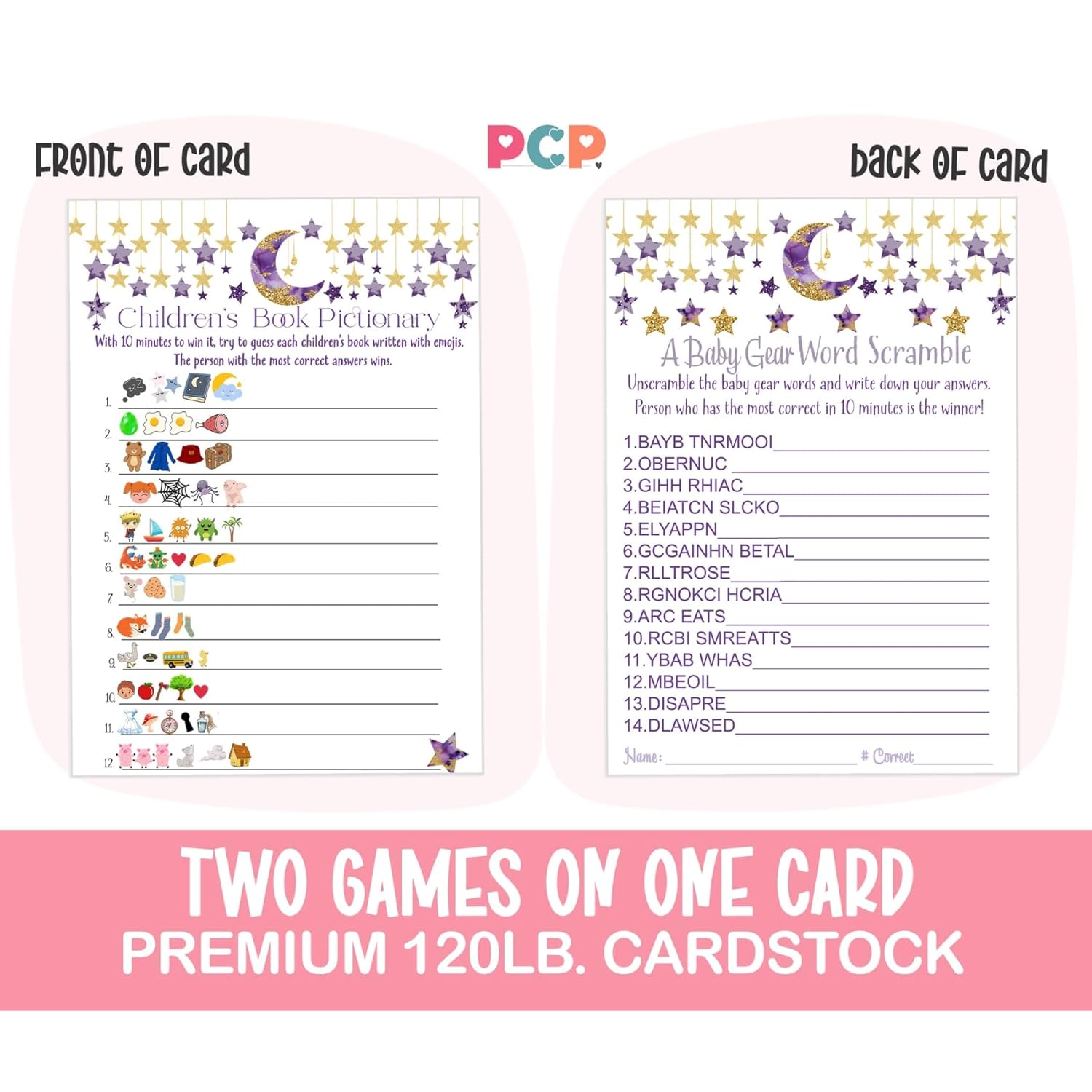 Twinkle Little Star Baby Shower Games - Gender Neutral Emoticon Guessing Activities - 25 Cards Pack - Fun For Guests - Purple And Gold Moon Theme