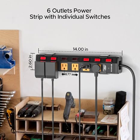 Metal Power Strip 6 Outlets Individual Switches 1200J Surge Protector 6FT 15A