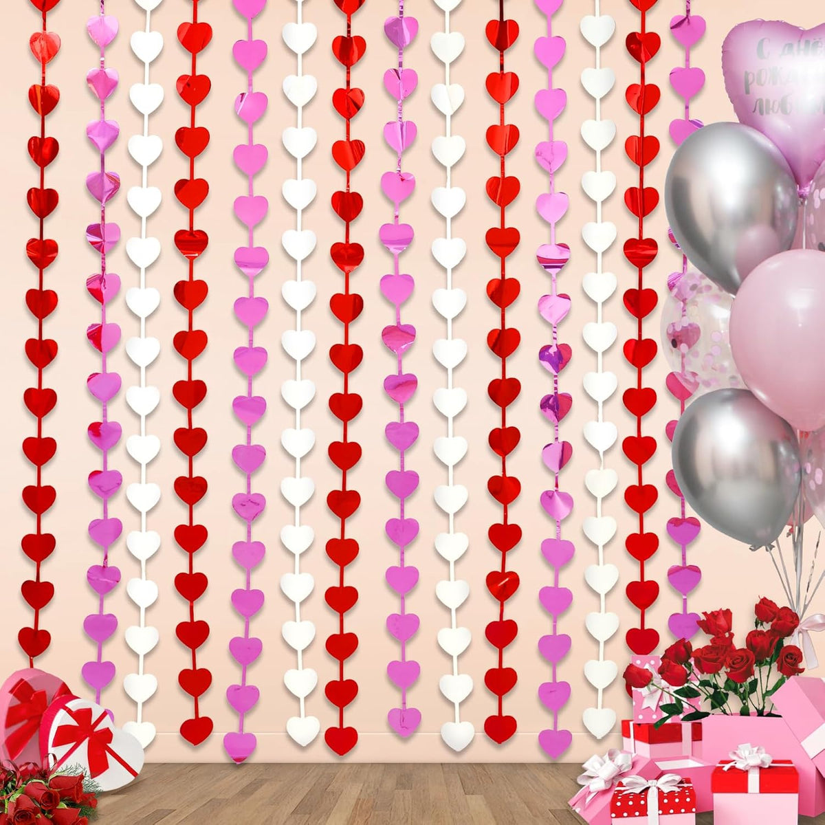 Valentines Decorations, 2 Pack Valentines Party Decoration,3.3X6.6Ft Red, Pink, White Heart Shape Tinsel Foil Fringe Curtains Photo Backdrop,Streamer Backdrop For Birthday,Engagement,Wedding