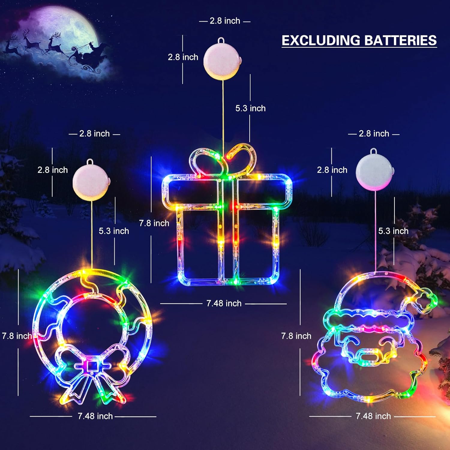 Christmas Window Decorations 3 Pack Wreath Gift Box Santa Claus Christmas Window Lights With Suction Cups, Battery Opera