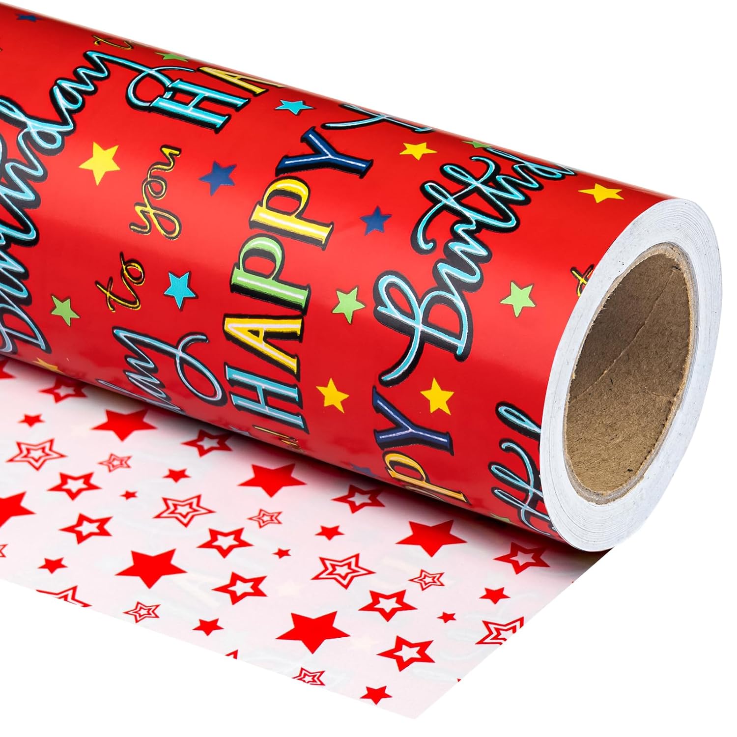 Reversible Birthday Wrapping Paper - Mini Roll - 17 Inch X 33 Feet - Red Happy Birthday To You Lettering Design For Girls Boys Kids, Baby Shower, Holiday, Party