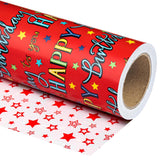 Jumbo Reversible Birthday Wrapping Paper - 30 Inch X 100 Feet Jumbo Roll - Red Happy Bday To You Lettering And Stars Design For Birthday, Baby Shower