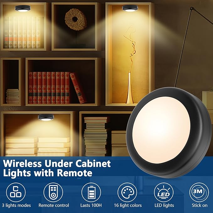 12 Pack LED Puck Lights with Remote 16 Color Under Cabinet Battery Ope ...