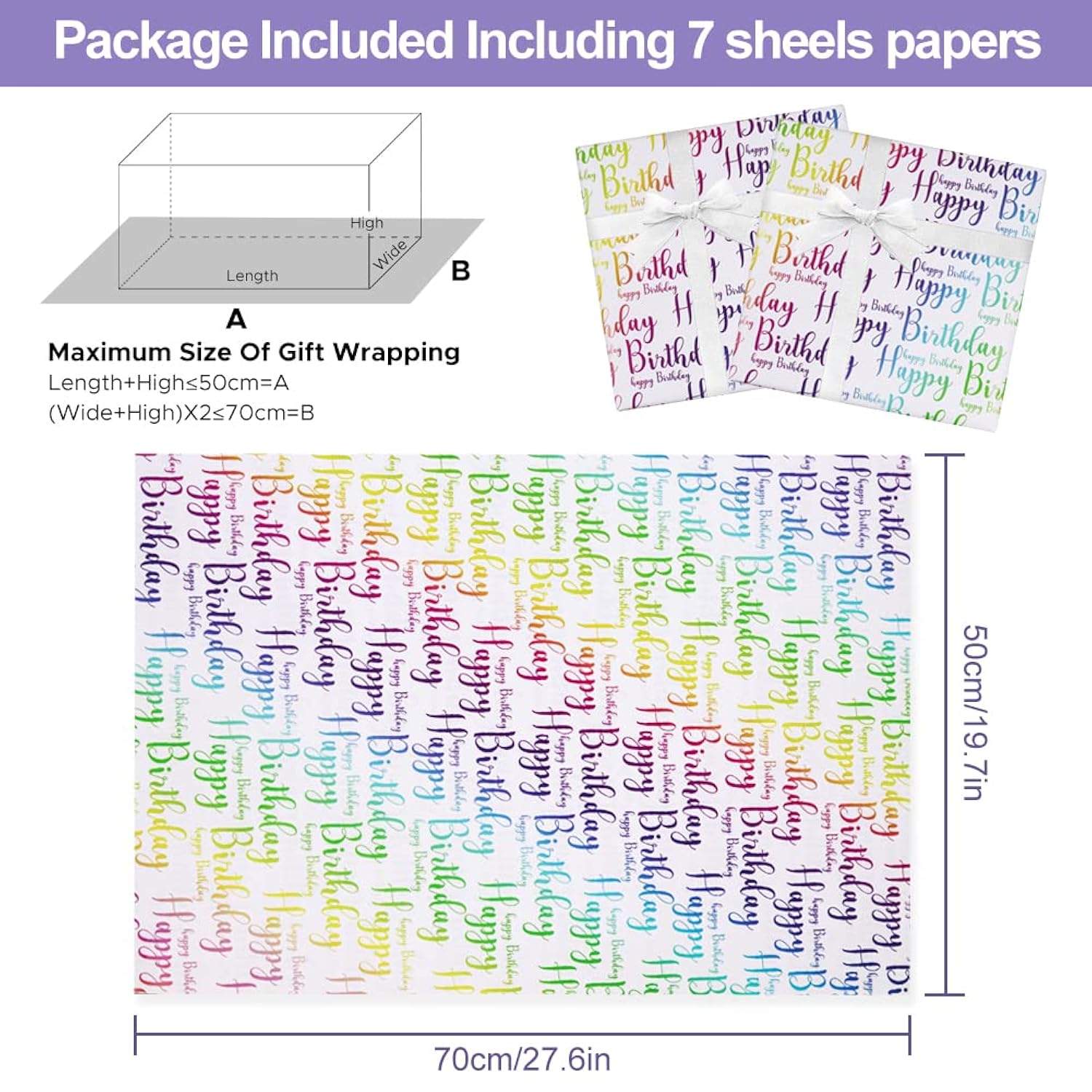 Happy Birthday Wrapping Paper, Gradient Bright Color, 7 Sheets Folded Flat 20X28 Inches Per Sheet For Occasion