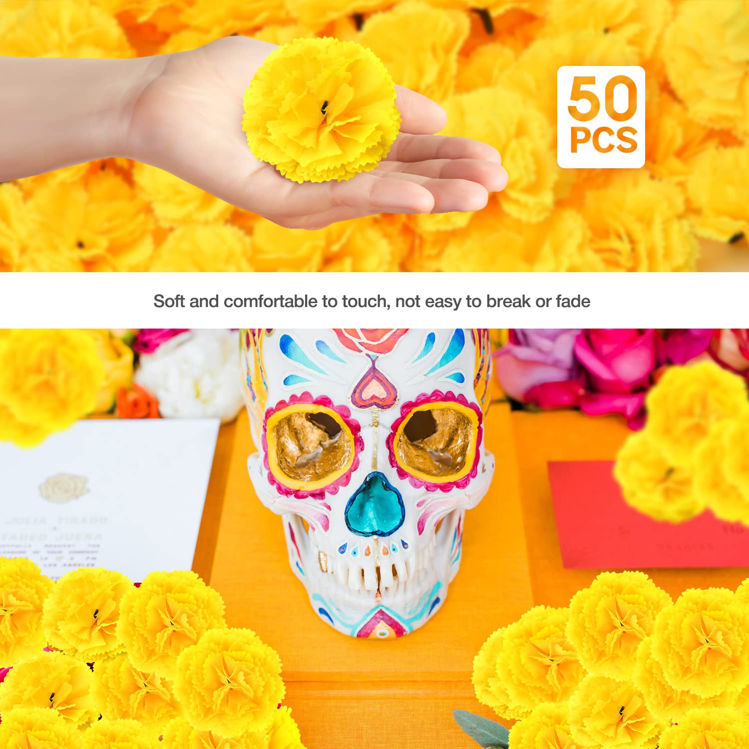 50 Pcs Marigold Flowers Silk Artificial Marigold Flowers, Mexican Flowers Decoration For Baby Shower Wedding Party Decoration Halloween Christmas New Year Decor