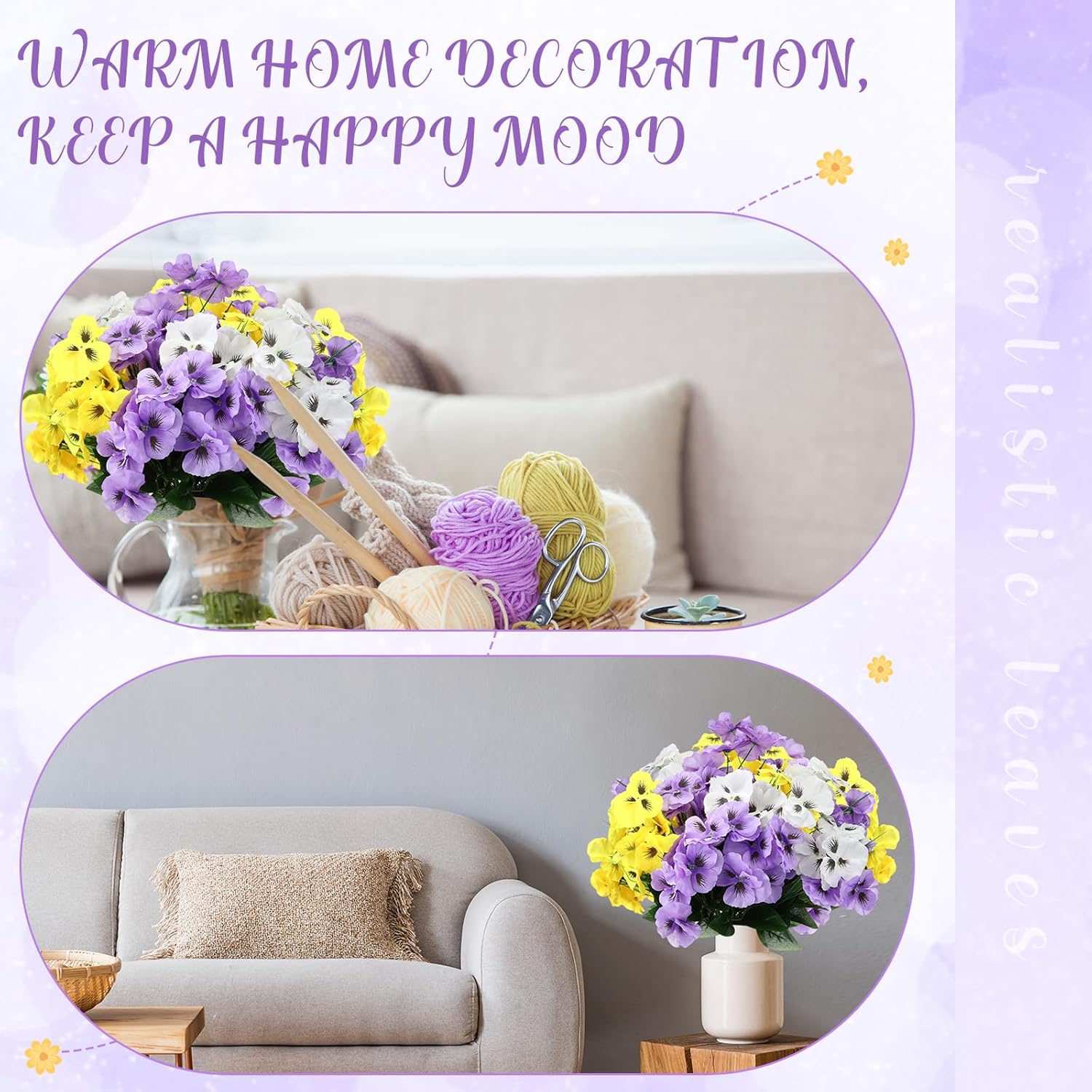 50 Bundles Artificial Flowers Outdoor Uv Resistant Faux Silk Pansy Flowers Bulk Plastic Fake Plants For Home Wedding Kitchen Garden Table Centerpieces Summer Decor, Purple, Yellow, White