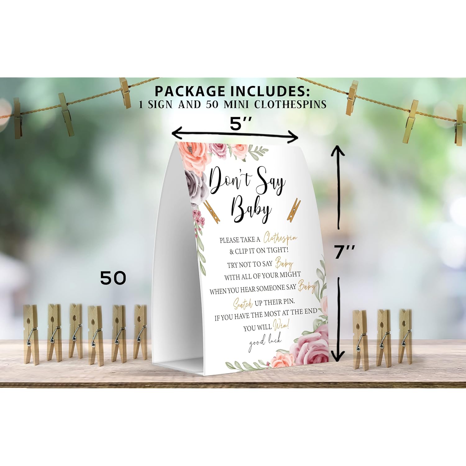 Don'T Say Baby Set - One 5X7 Sign And 50 Mini Clothespins, Baby Shower Games, Baby Shower Decoration, Gender Neutral Baby Shower - Msjb015