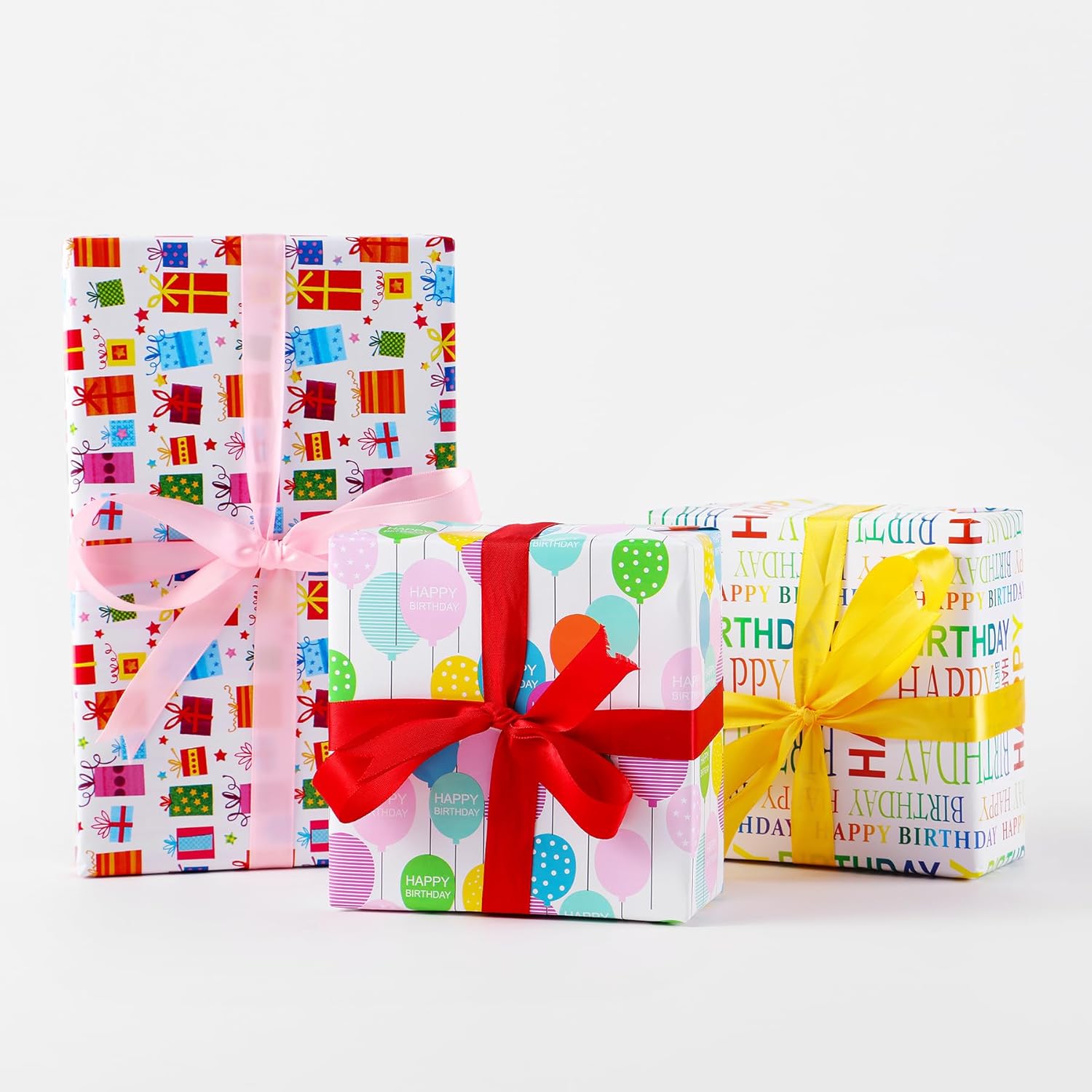 Birthday Wrapping Paper, 3 Mini Rolls, 17 Inch X 9.8 Feet, Decorative Happy Gift, Presents And Balloons Design Wrapping Paper For Birthday, Gift Packaging, Holiday, Party, Baby Shower