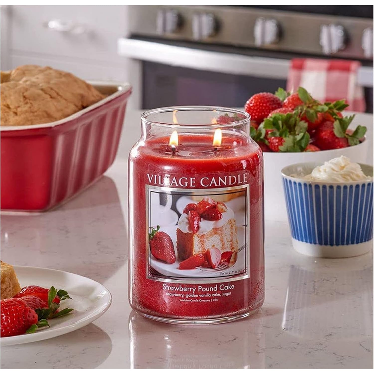 Strawberry Pound Cake, Large Glass Apothecary Jar Scented Candle, 21.25 Oz, Red