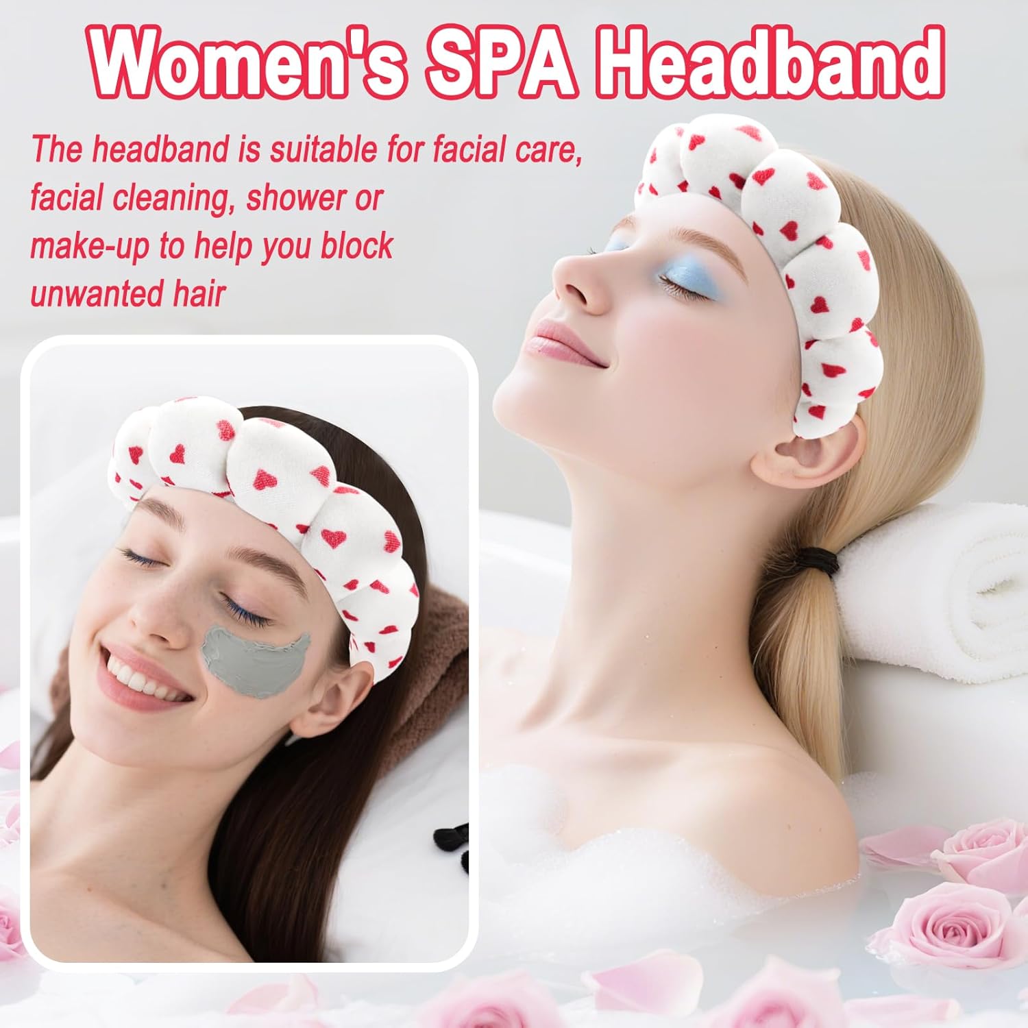 Spa Headband For Washing Face Wristband Set Sponge Makeup Skincare Velvet Fabric Bubble Soft Get Ready Hairbands For Women Puffy Headwear Non Slip Thick Thin Hair Accessory (Red Heart)