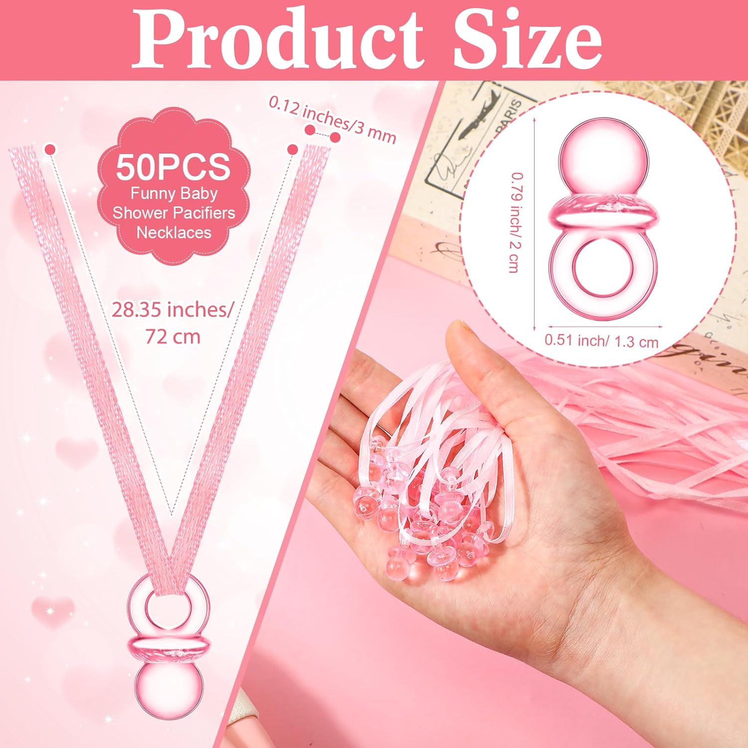 51 Pcs Don'T Say Baby Game Sign Cool Baby Shower Game 50 Pacifier Necklace Wooden Don'T Say Sign Plastic Pacifier Party Favor For Gender Reveal (Pink Bow,Pink)