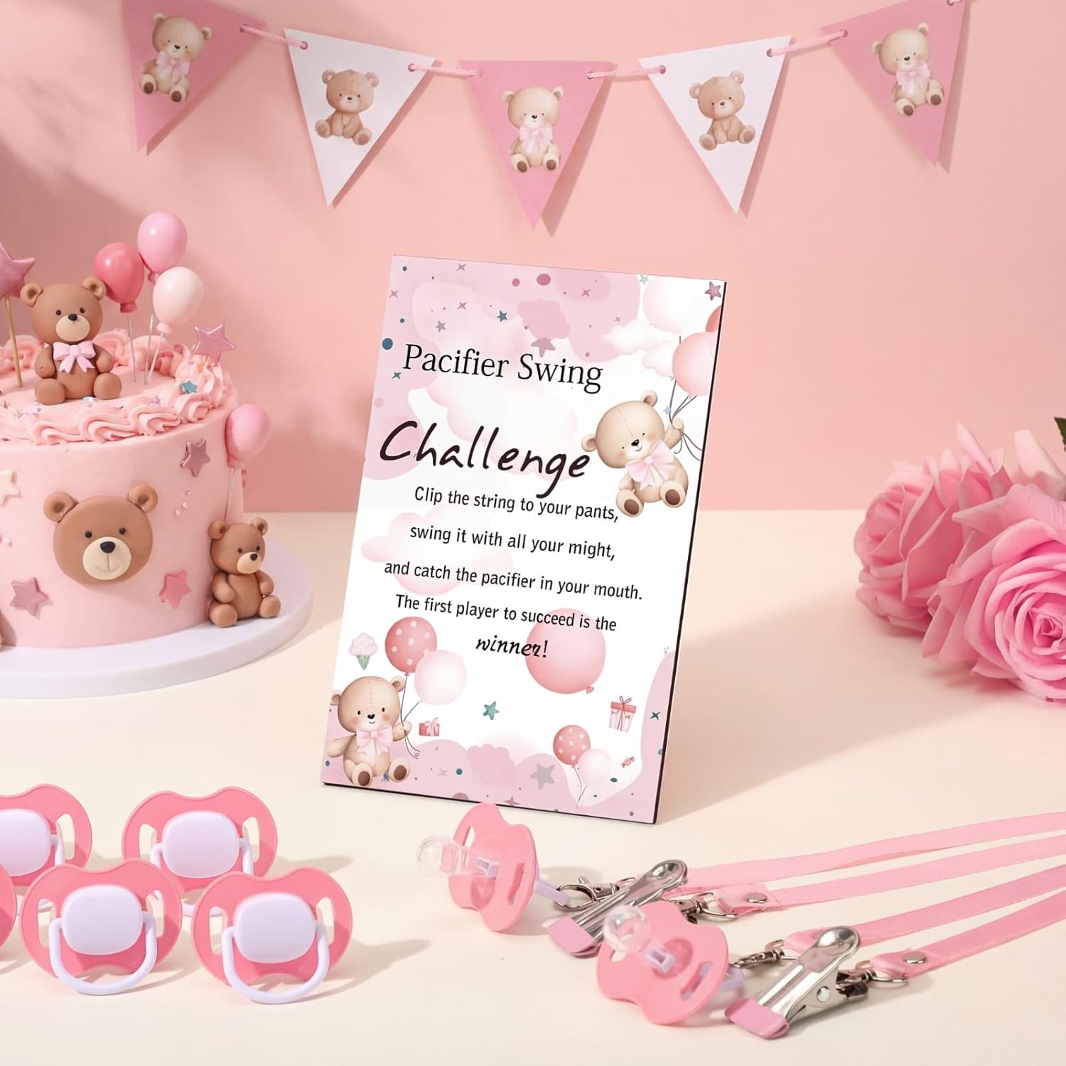 12 Sets Swing Pacifier Baby Shower Games Funny Gender Reveal Games, Include 1 Wooden Sign And 12 Plastic Pacifiers For Bridal Baby Shower Gender Reveal Party Women Men(Bear,Pink)