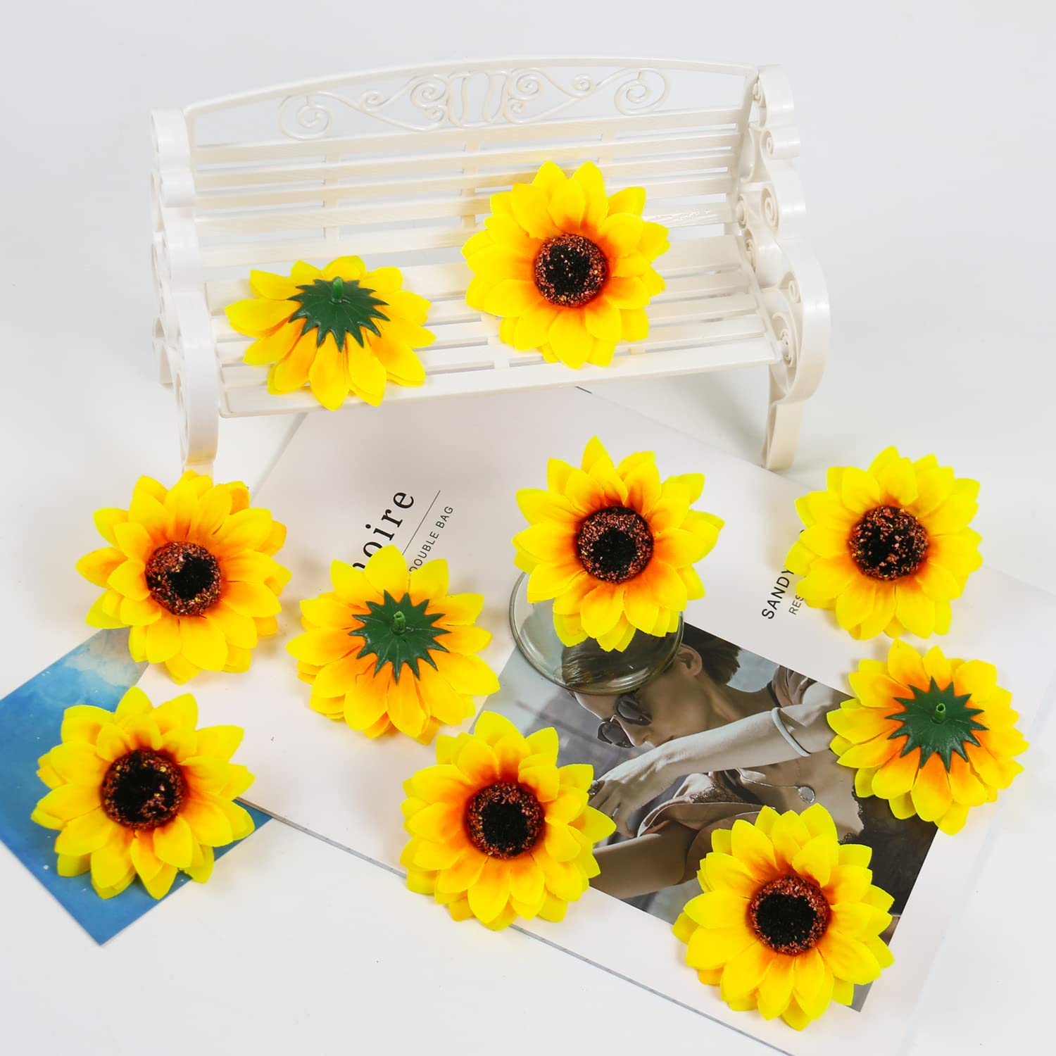 100 Pcs Realistic Sunflowers Artificial Flowers, 2.75 Inch Artificial Silk Sunflower Heads, For Diy Fabric Floral Wedding Home Party Decoration