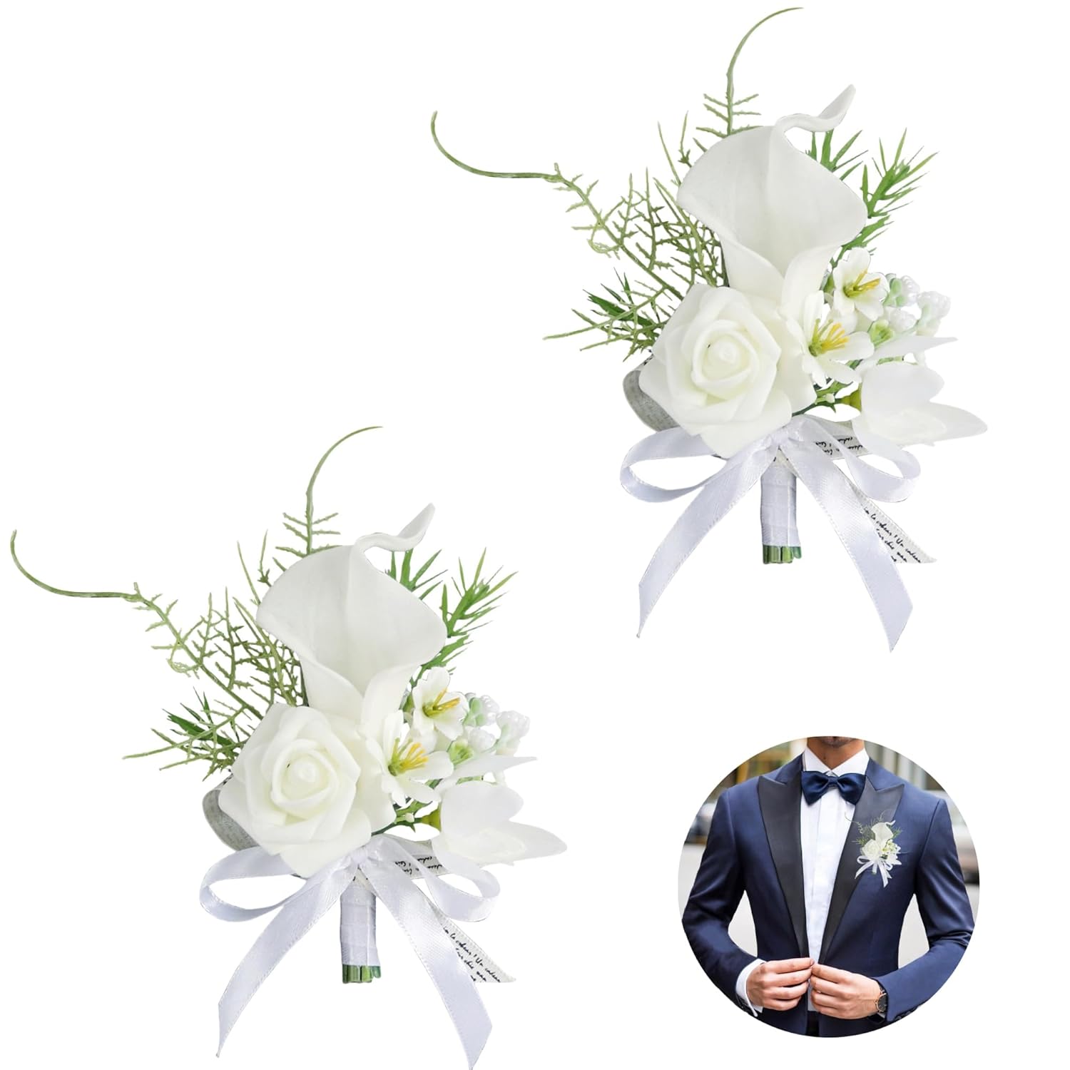 2Pcs Calla Lily Boutonniere Handmade Romantic White Corsage Suitable For Wedding Ceremony, Anniversary, Dinner Dance (2), 10 X 14 Cm