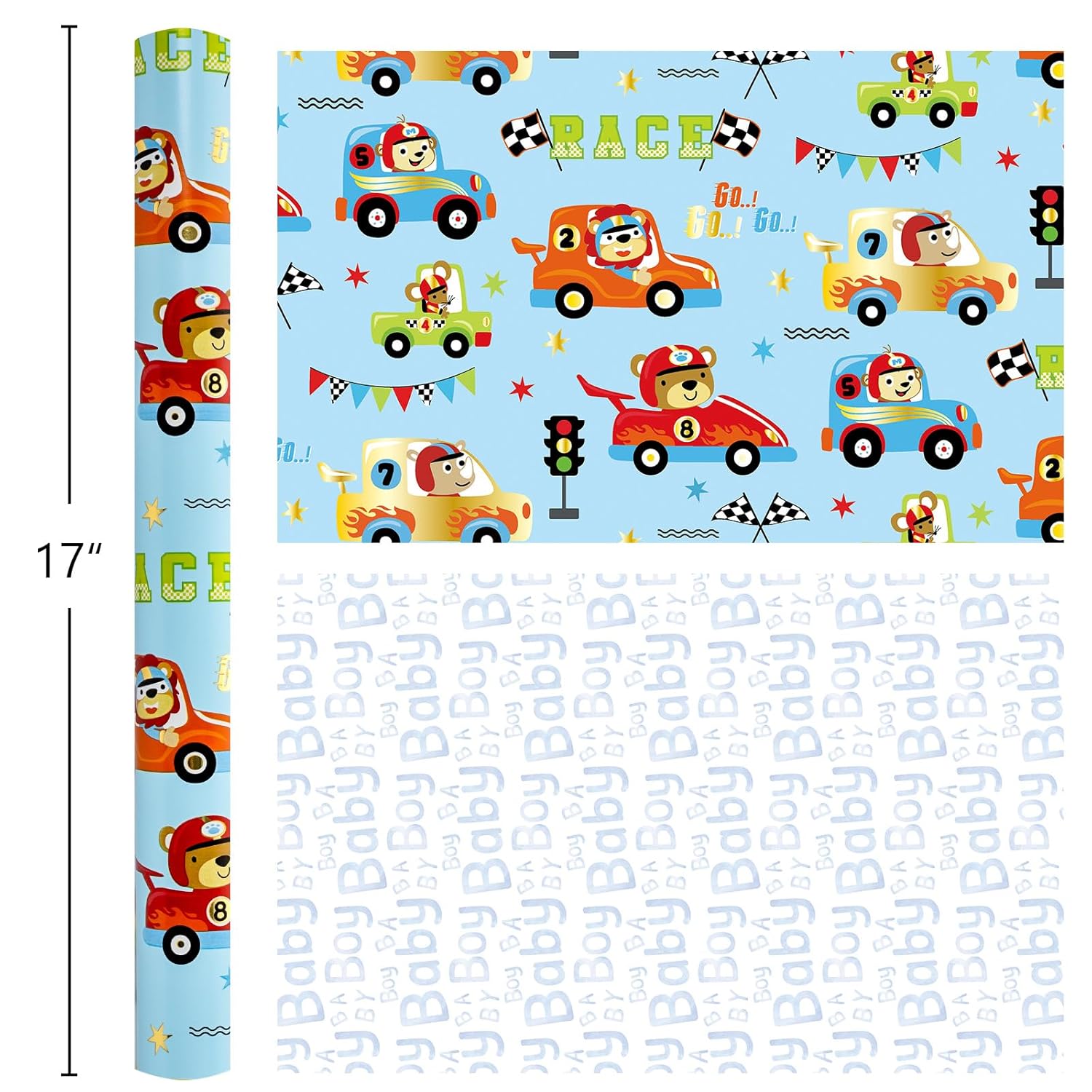 Blue Cars Wrapping Paper Rolls, Reversible Animal Race Car Gift Wrap Paper For Kids And Boys - 17 In X 16.4 Ft(23.3 Sqft) - Perfect For Baby Shower, Birthday, Party