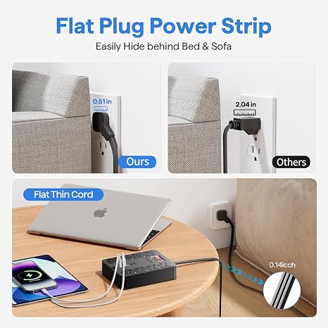 13-in-1 Surge Protector Power Strip Flat Plug 8 AC Outlets 3 USB 5FT Cord