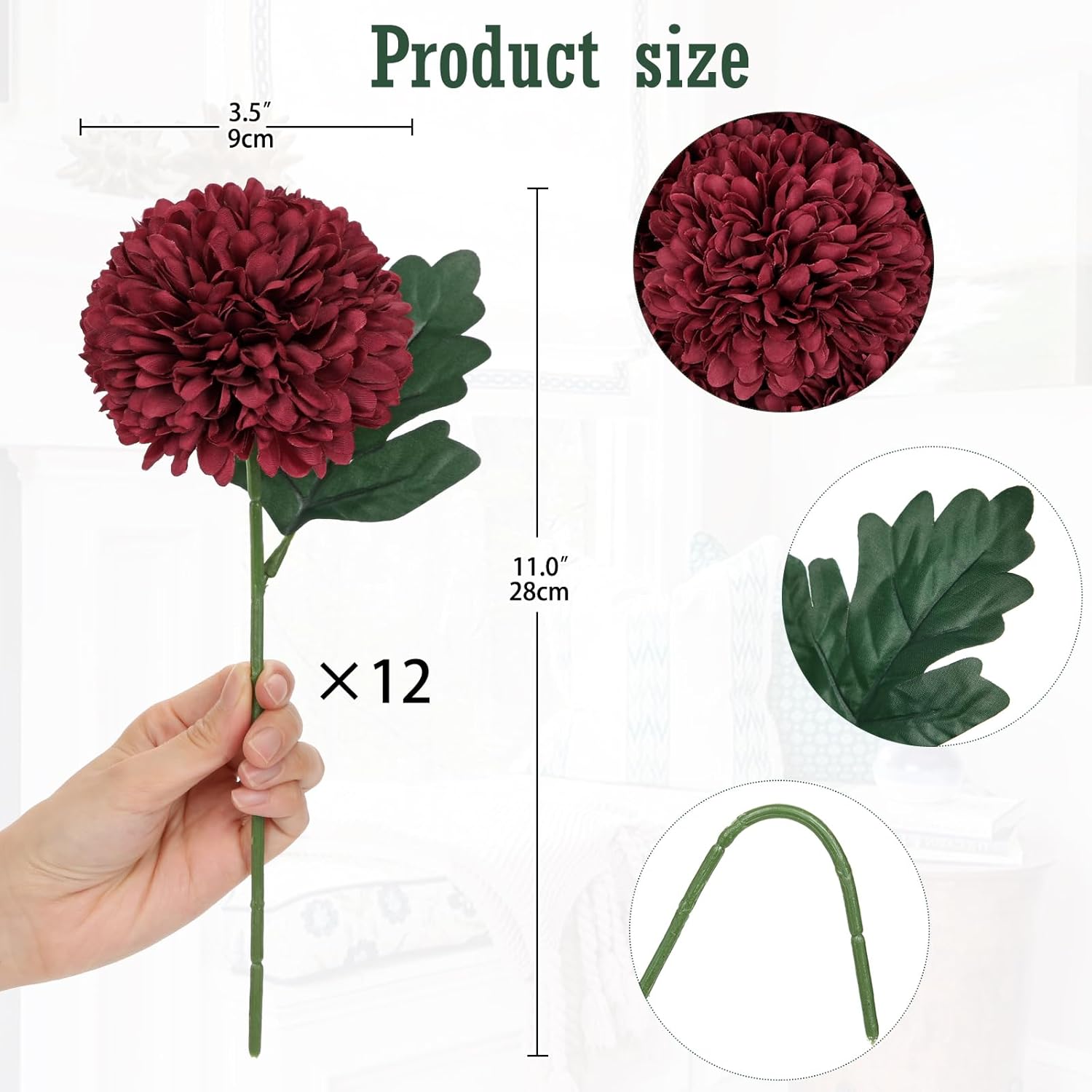 12 Pcs Artificial Burgundy Chrysanthemum Stems – 11” Tall Silk Mums Flower Heads With Green Leaves, Flexible Stems For Fall Floral Pick Arrangements, Home, Wedding & Seasonal Decorations