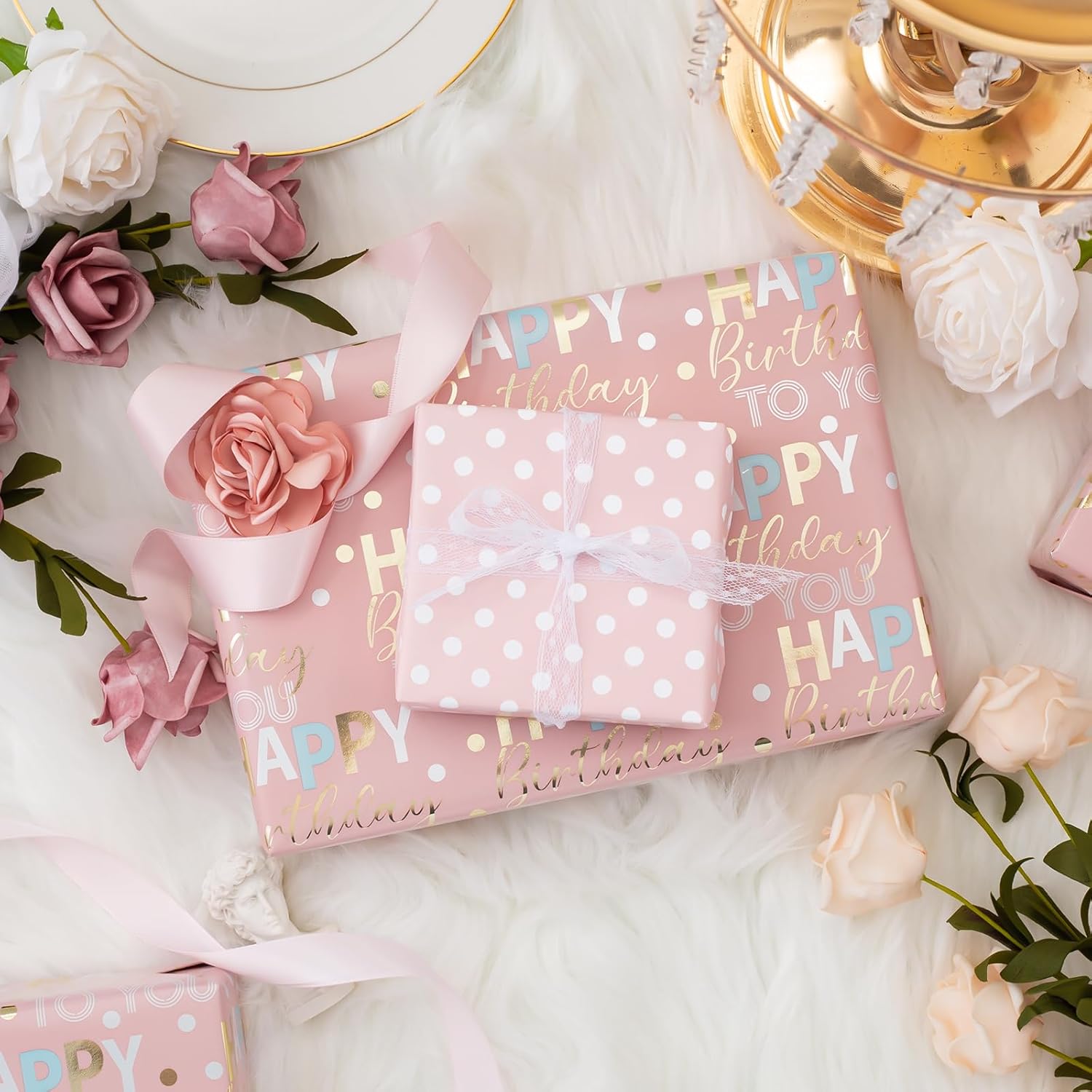 Reversible Pink Birthday Wrapping Paper Roll - 17 Inch X 33 Feet - Glitter Happy Birthday Lettering Metallic Foil Paper Girl Gift Wrap W/Polka Dot For Holiday Party Baby Shower Mother'S Day