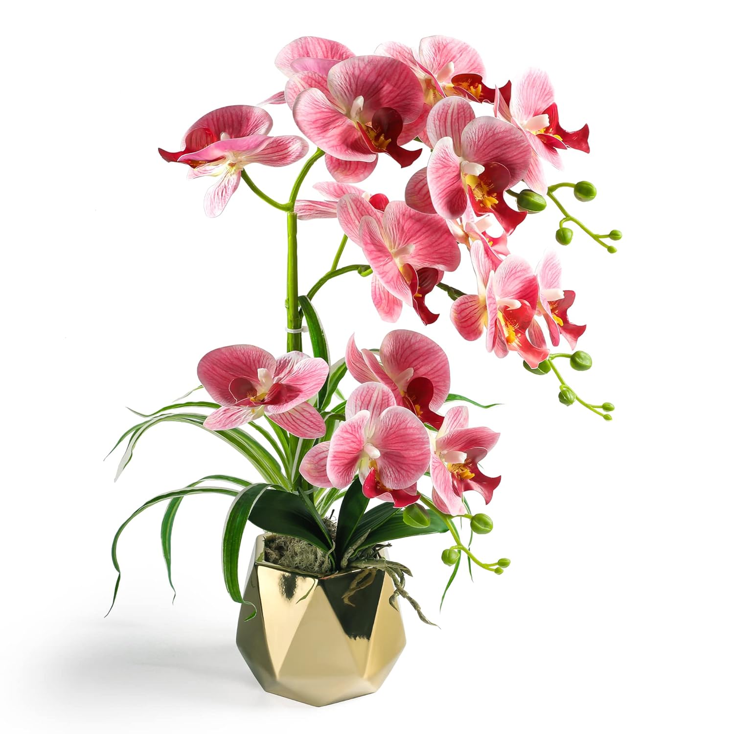 Orchids Artificial Flowers, Fake Orchid Plants & Flowers In Vase, Faux Orchid In Pot For Home Decor Indoor,Pink Artificial Flowers With Gold Vase
