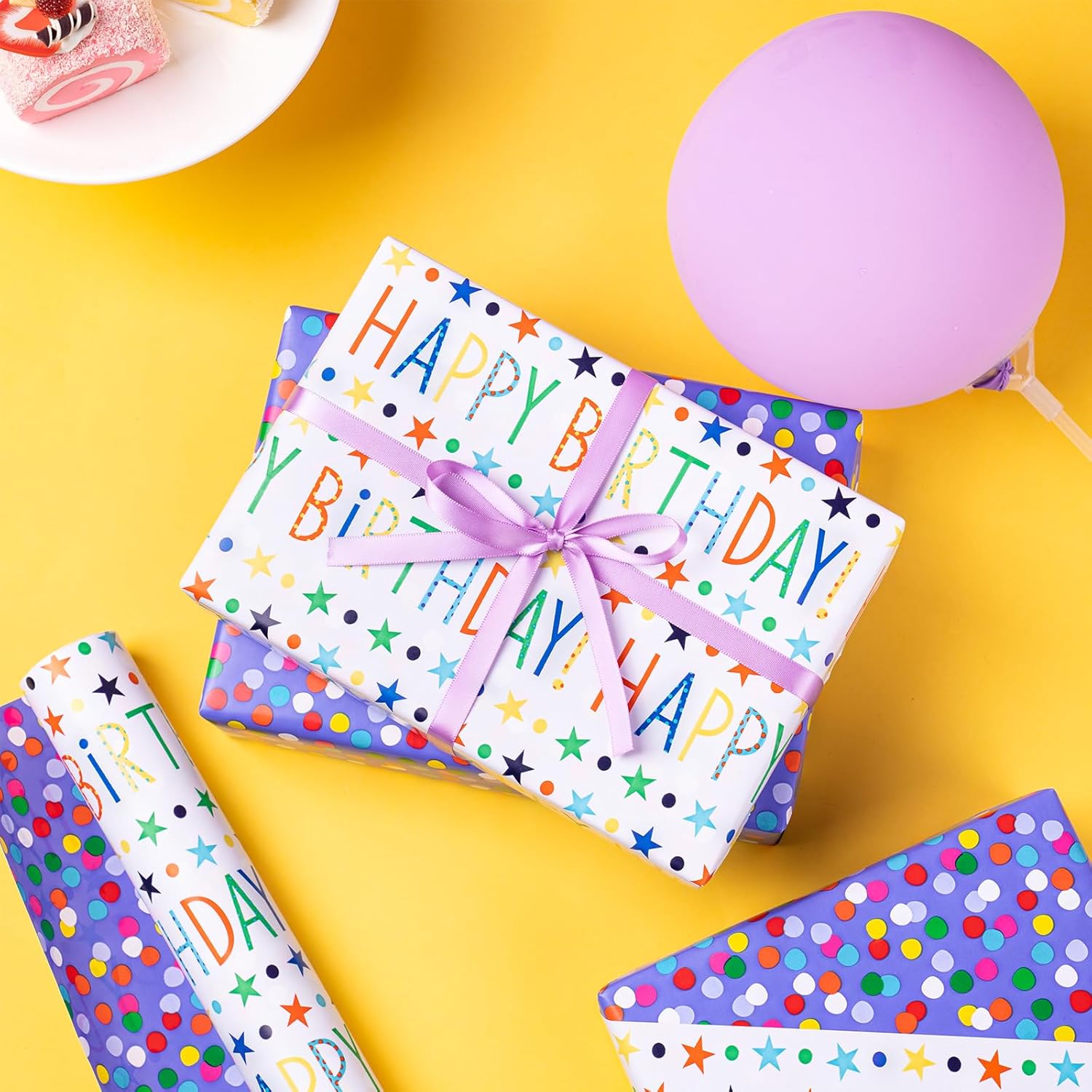 Birthday Wrapping Paper Roll, Happy Birthday Lettering, Stars, & Colorful Dots In Purple, 17 Inches X 32.8 Feet (46.45 Sq.Ft.)