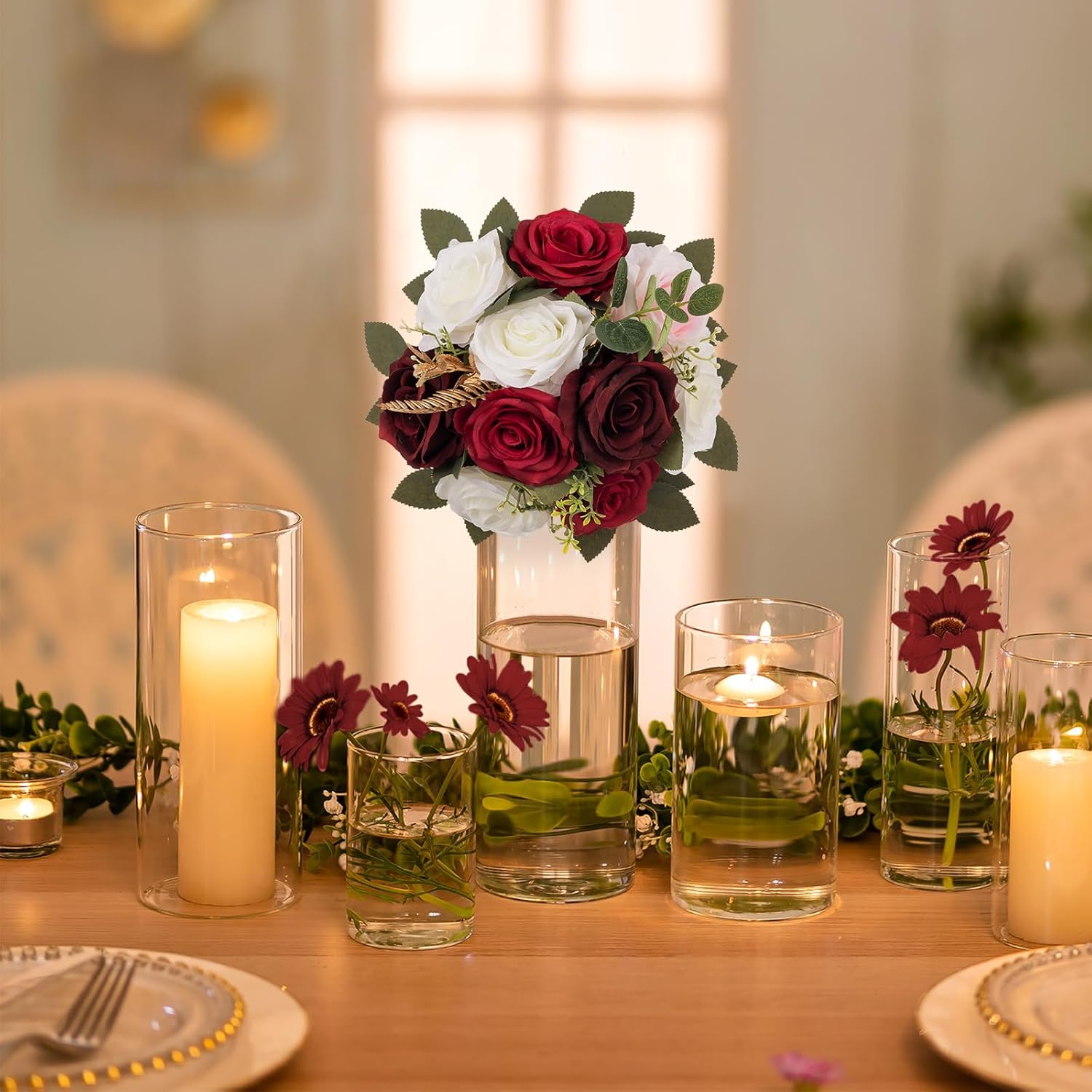 Artificial Flowers Ball Wedding Centerpieces 2 Pcs Burgundy Rose Artificial Flower Center Pieces Decoration For Table Silk Kissing Ball Faux Floral Bouquet Arrangements Home Party Diy Decor