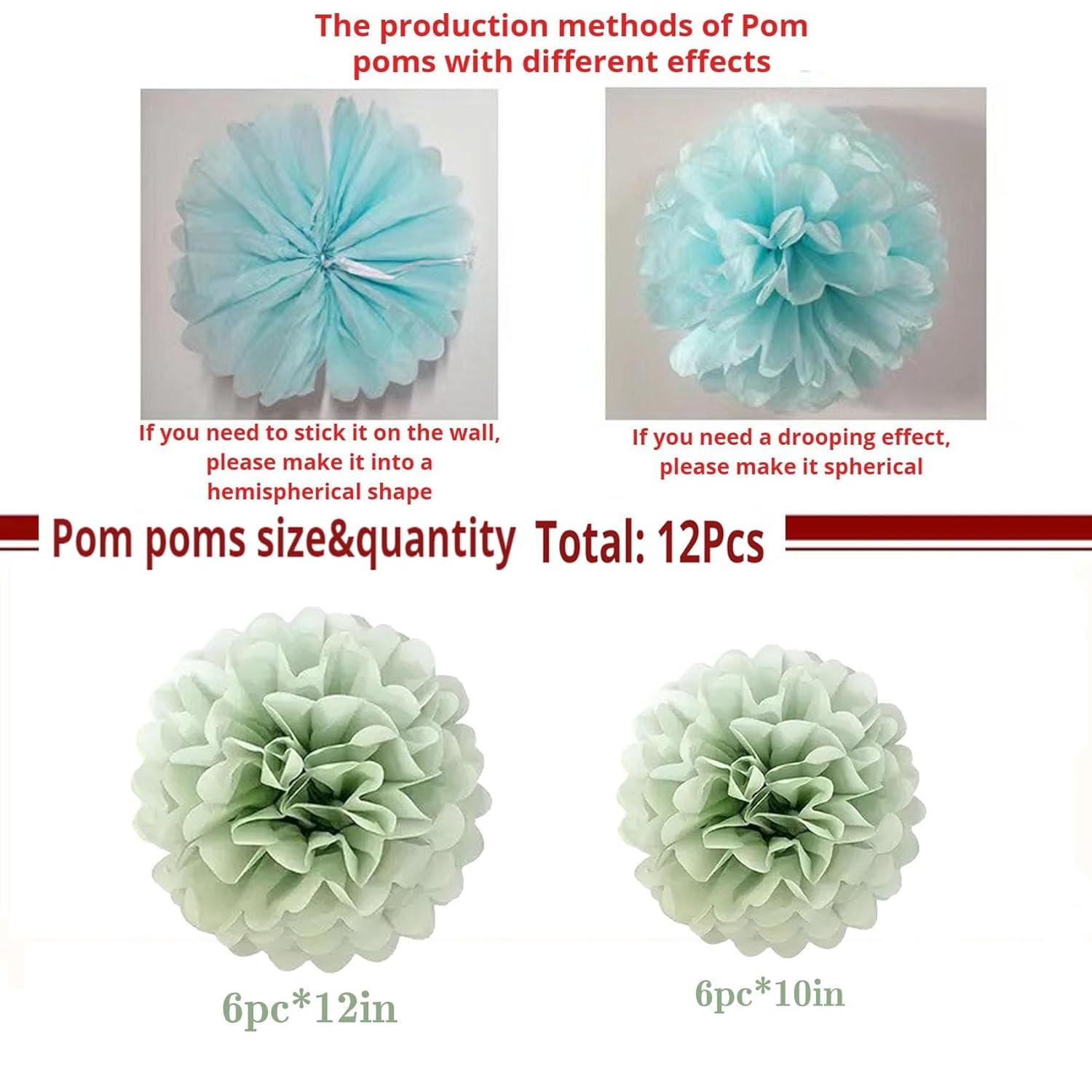 Dusty Sage Green Tissue Paper Pom Poms 12Pcs- Hanging Paper Flowers For Botanical Neutral Bridal Shower Wedding Birthday Graduations Christmas And Special Occasions(10 & 12 Inch)