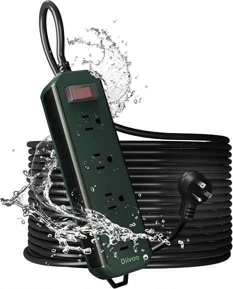 50FT Outdoor Waterproof Power Strip 4 Outlets 1250W Shockproof Extension Cord Green