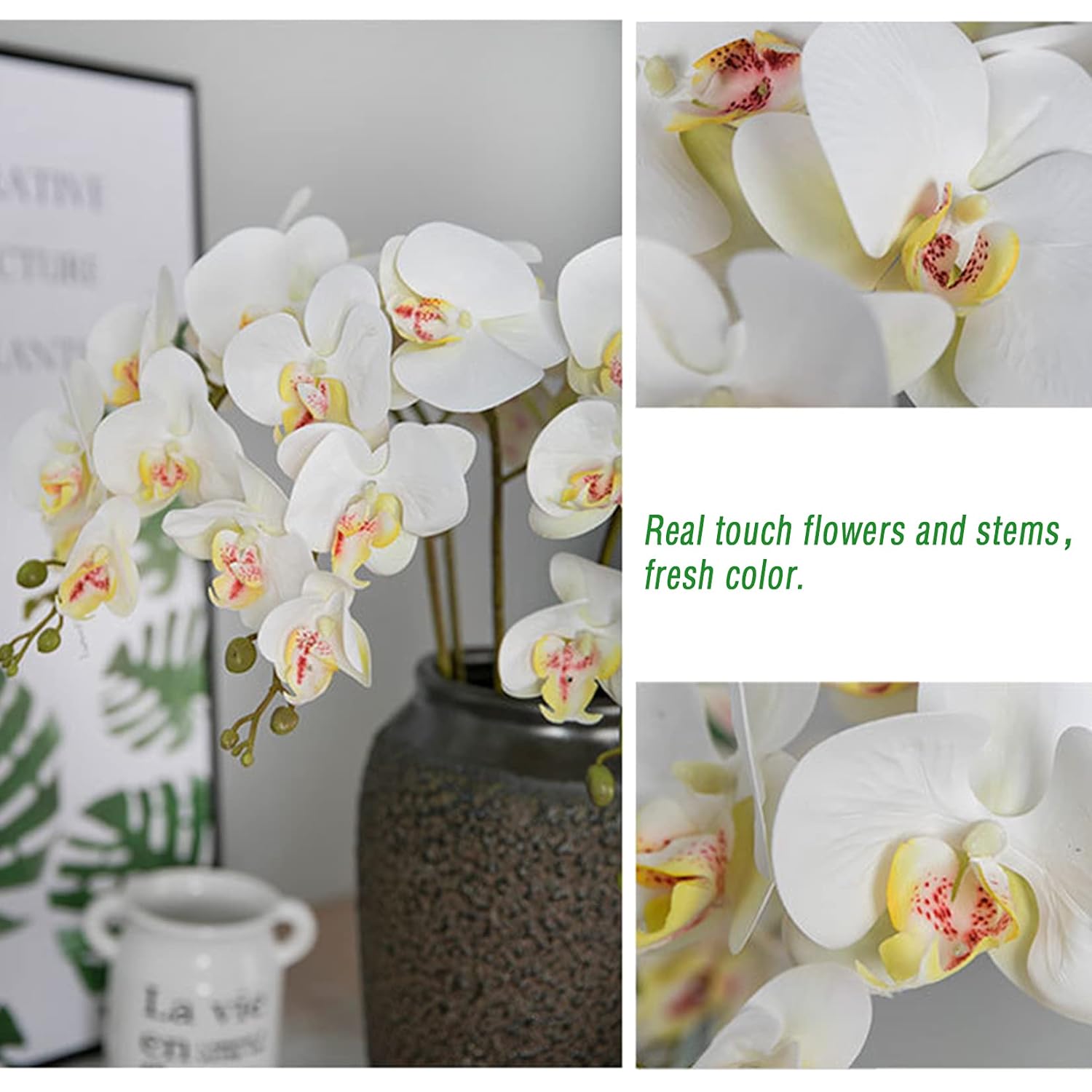 5 Pcs Artificial Phalaenopsis Flowers And 4 Bundles Leaves,Artificial Orchid Flowers With 4 Bundles Leaves Stem Plants For Home Wedding Decoration