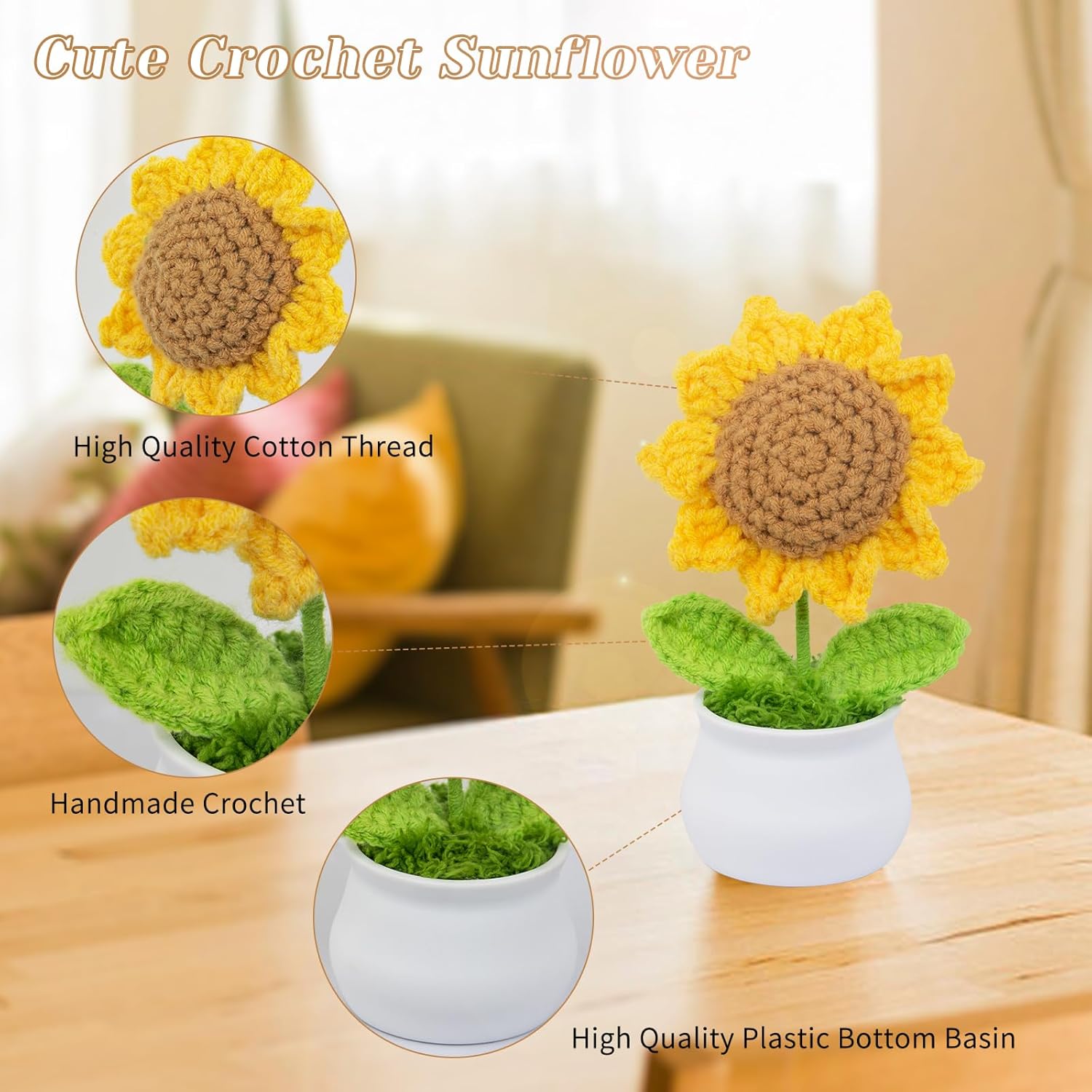 Handmade Crochet Flowers Artificial Sunflower Decor - Cute Desk & Car Dashboard Ornament, For Women Birthday Christmas Party Decor, Motivational Home Office Decor