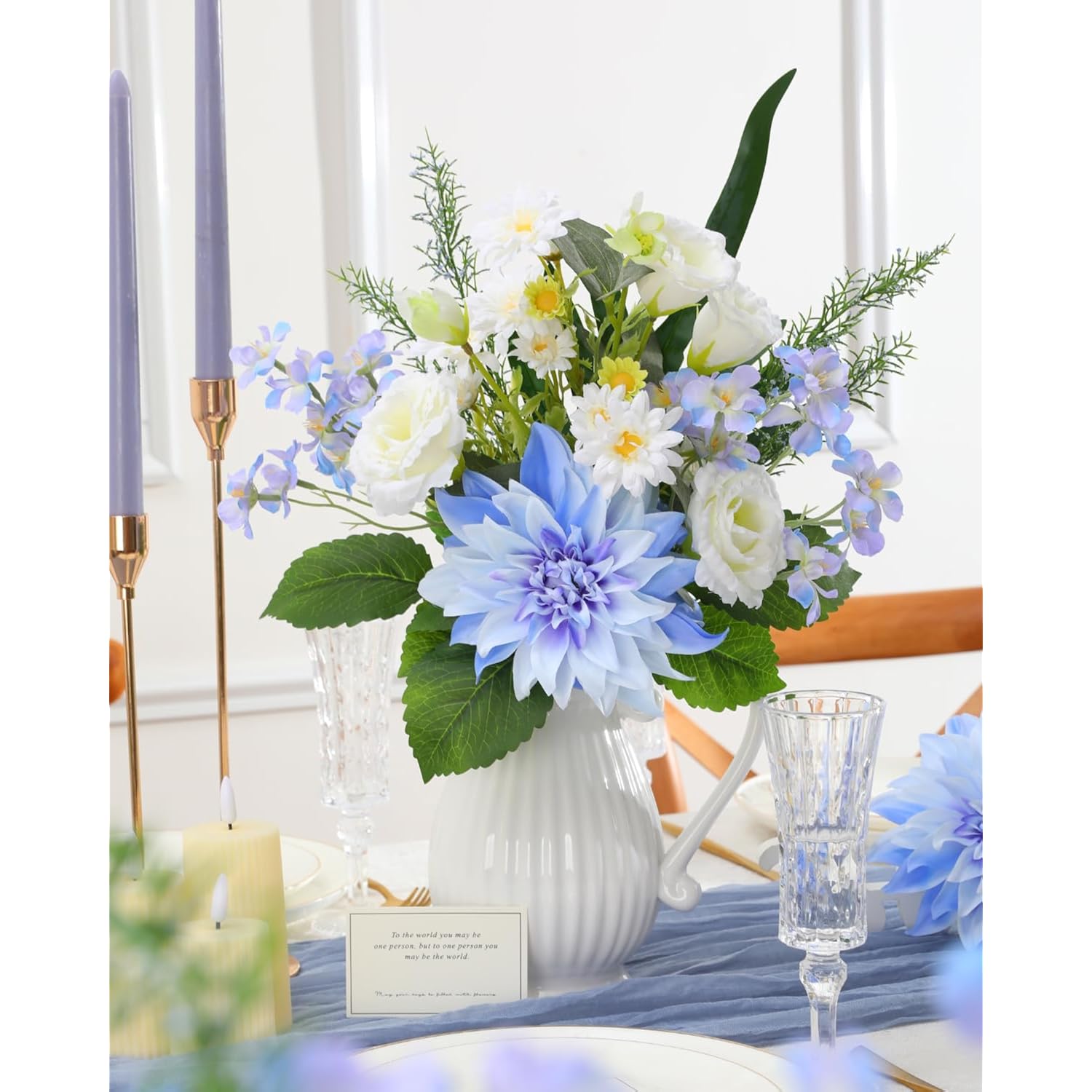 Fake Artificial Flowers Bouquet,Faux Silk Dahlia Flower Bouquet Floral Arrangement Fake Plant Decor For Tables Centerpieces,Home Office Party Wedding Decor(Blue)