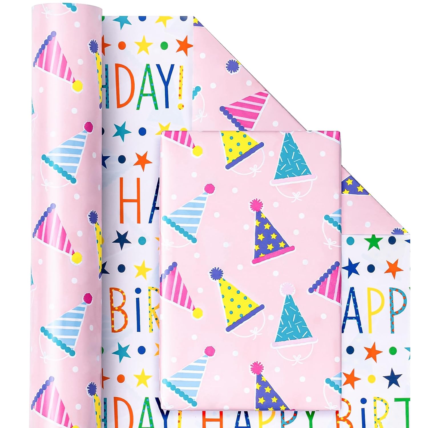 Reversible Birthday Wrapping Paper - Mini Roll - 17 Inch X 9.8 Feet - Pink Happy Birthday Wrapping Paper For Girls, Kids, Baby Shower