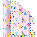 Reversible Birthday Wrapping Paper - Mini Roll - 17 Inch X 9.8 Feet - Pink Happy Birthday Wrapping Paper For Girls, Kids, Baby Shower